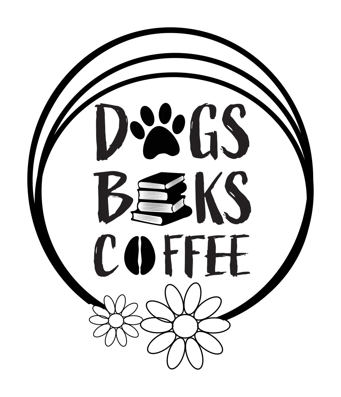 DOGS BOOKS COFFEE Typography Design with triple concentric circle border, paw print replacing 'O' in 'DOGS', stacked books replacing 'B' in 'BOOKS' and coffee bean replacing 'O' in 'COFFEE' in black