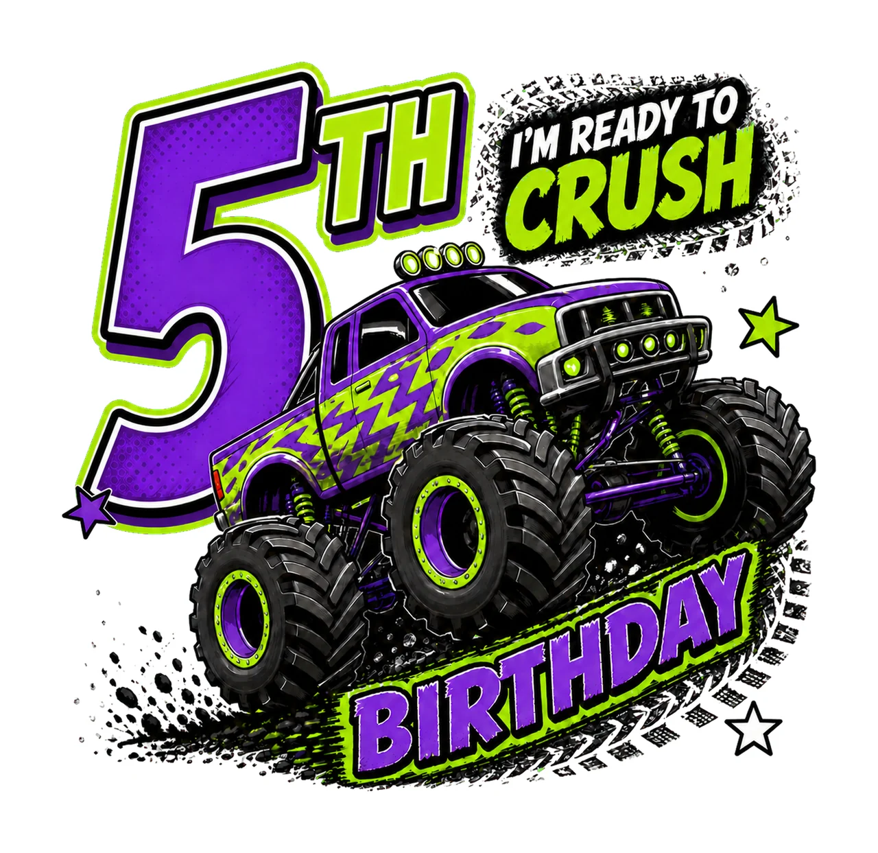 1 Monster Truck Birthday PNG, I'm Ready to Crush 5th Birthday Sublimation Design, Purple Green Truck Boy Shirt Clipart Download PNG File
