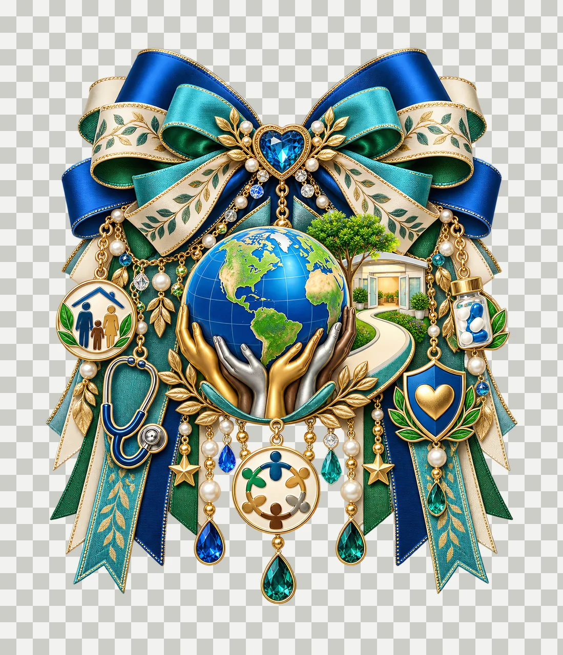 Universal Health Coverage PNG, Globe and Caring Hands Coquette Bow, No Text Sublimation Clipart, Transparent Digital Download transparency and detail preview thumbnail