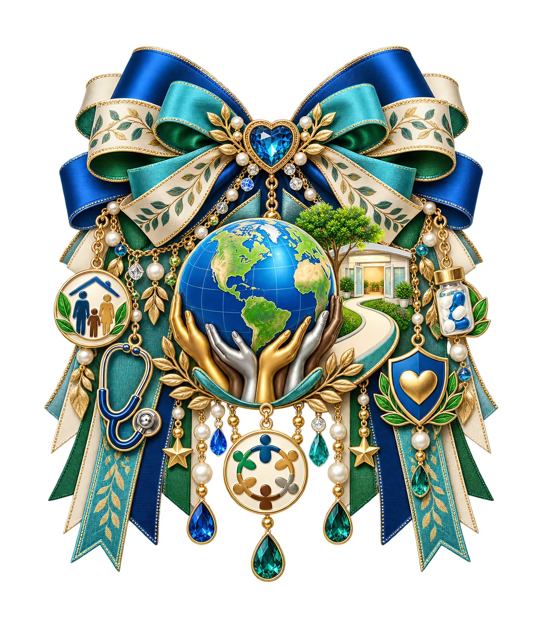 Universal Health Coverage PNG, Globe and Caring Hands Coquette Bow, No Text Sublimation Clipart, Transparent Digital Download
