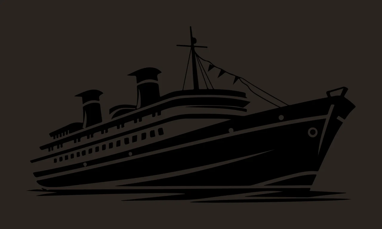 Cruise Ship Black Silhouette Profile smokestacks pennants water contrast preview thumbnail
