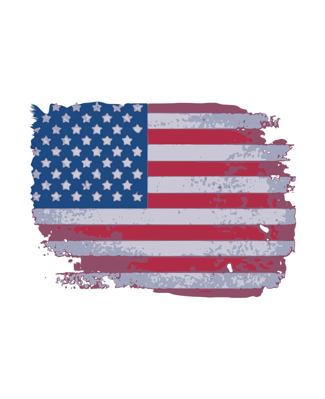 Distressed American flag painted with brushstroke texture Illustration with blue field with white stars, red and white horizontal stripes, brushstroke edges and weathered paint texture