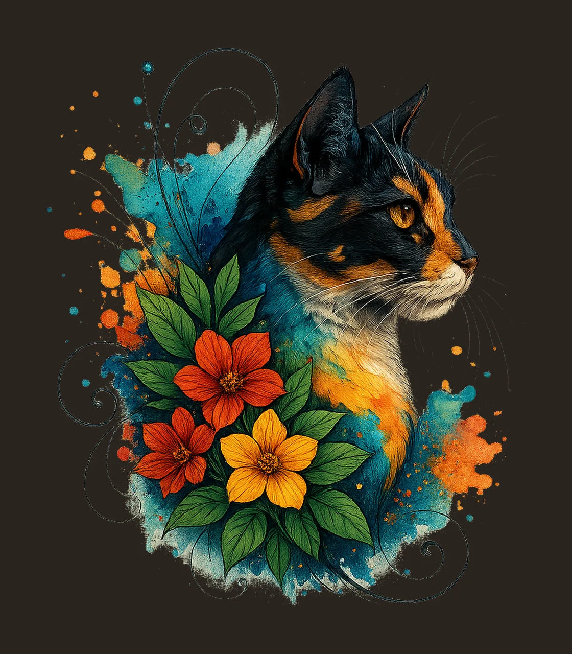 Abstract Floral Cat Whimsical Watercolor Cats High Res contrast preview thumbnail