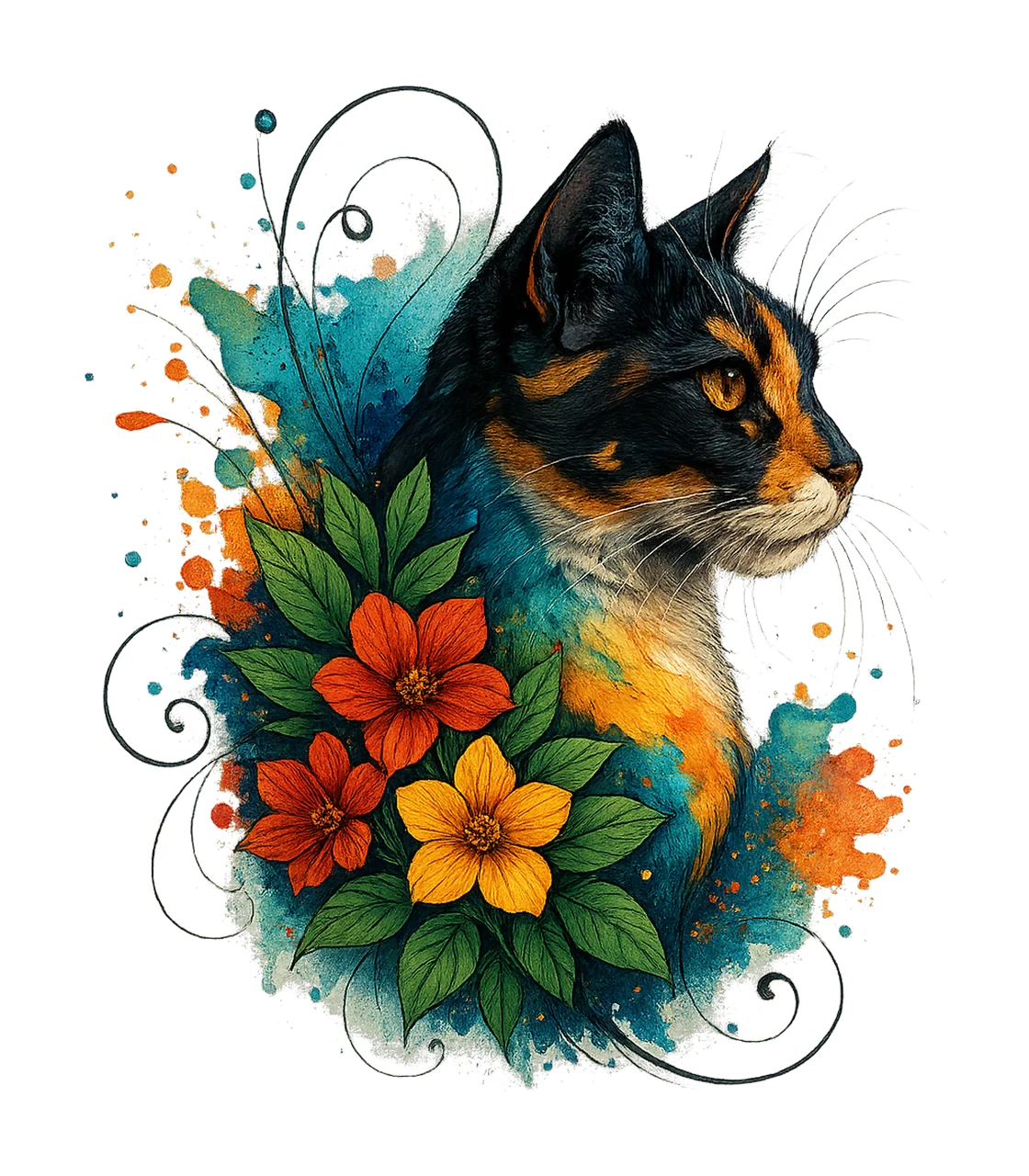 Abstract Floral Cat Whimsical Watercolor Cats High Res