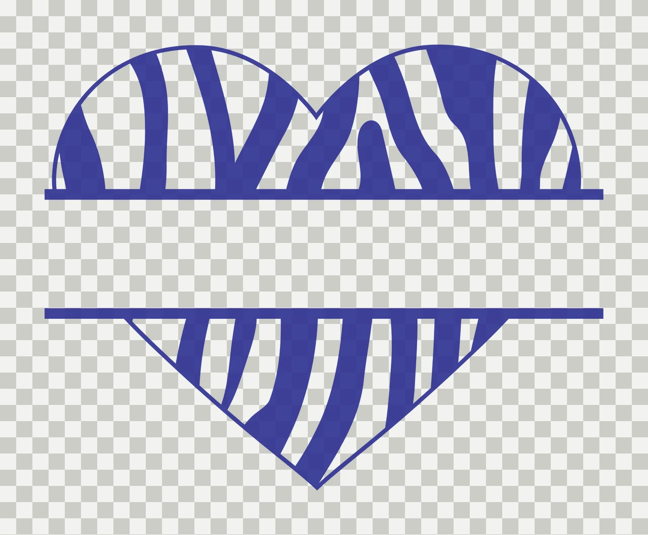 Split heart monogram with zebra print, stripe pattern, horizontal bar space and monogram frame in blue and white transparency and detail preview thumbnail