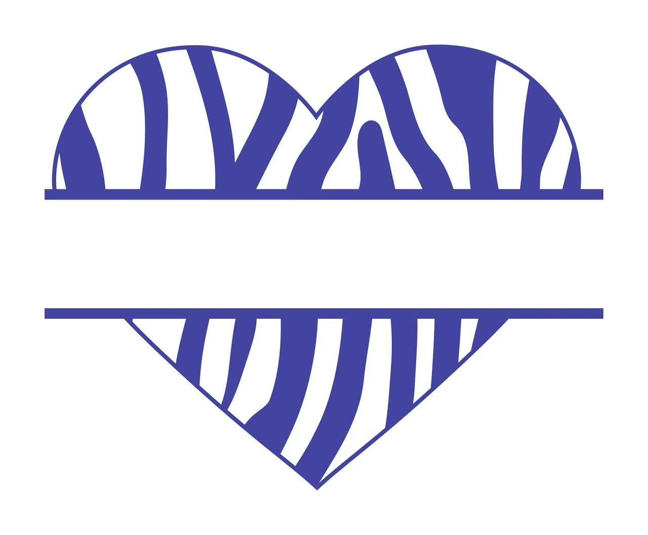 Split heart monogram with zebra print, stripe pattern, horizontal bar space and monogram frame in blue and white