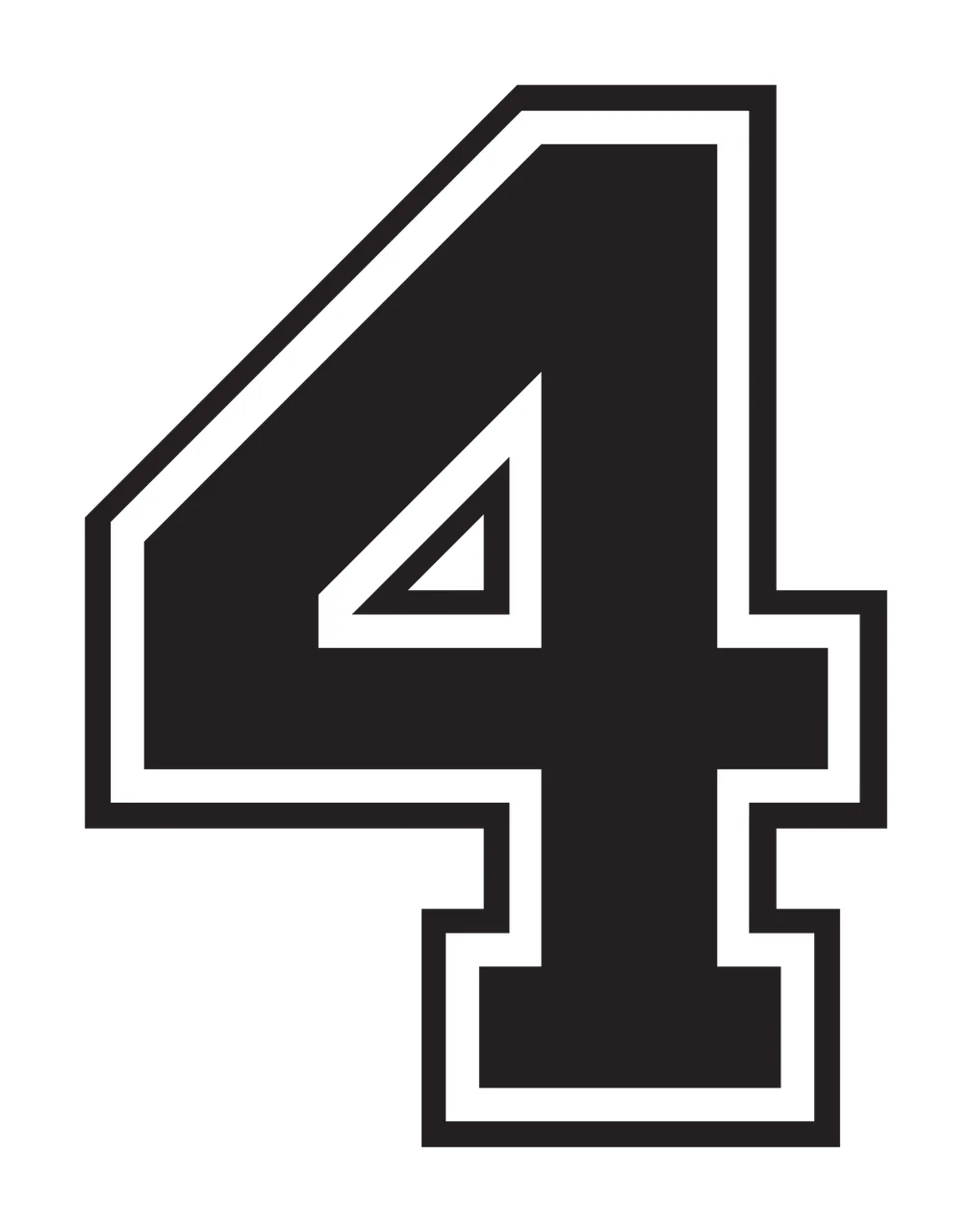 4 Number Design with block lettering, double outline, varsity and geometric shapes in black and white