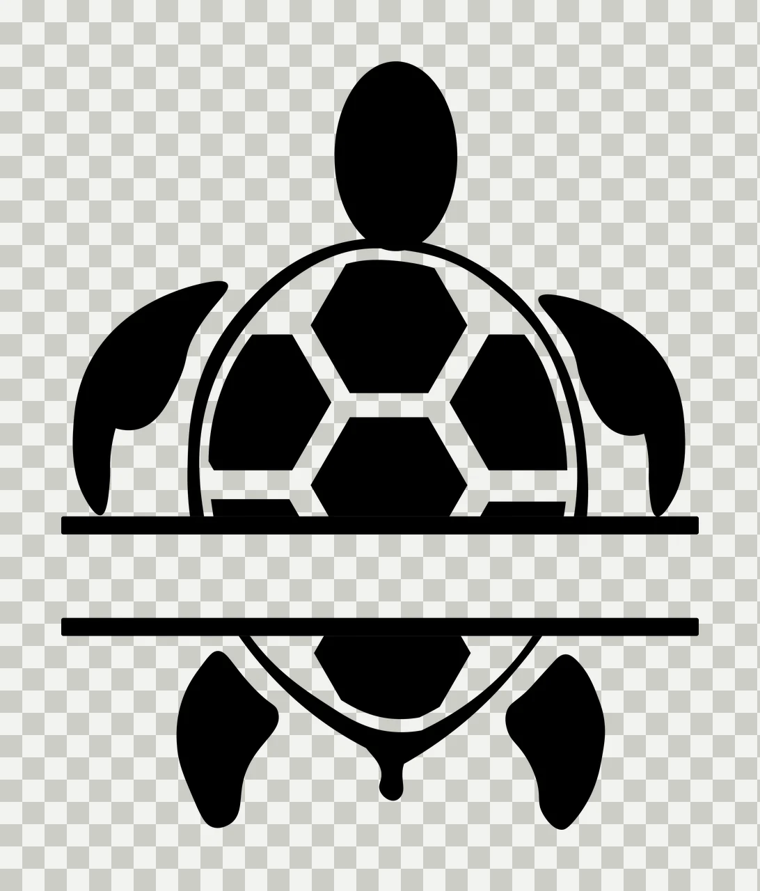 Silhouette Design of Sea turtle with hexagonal shell pattern, flippers, head and tail in black and white transparency and detail preview thumbnail