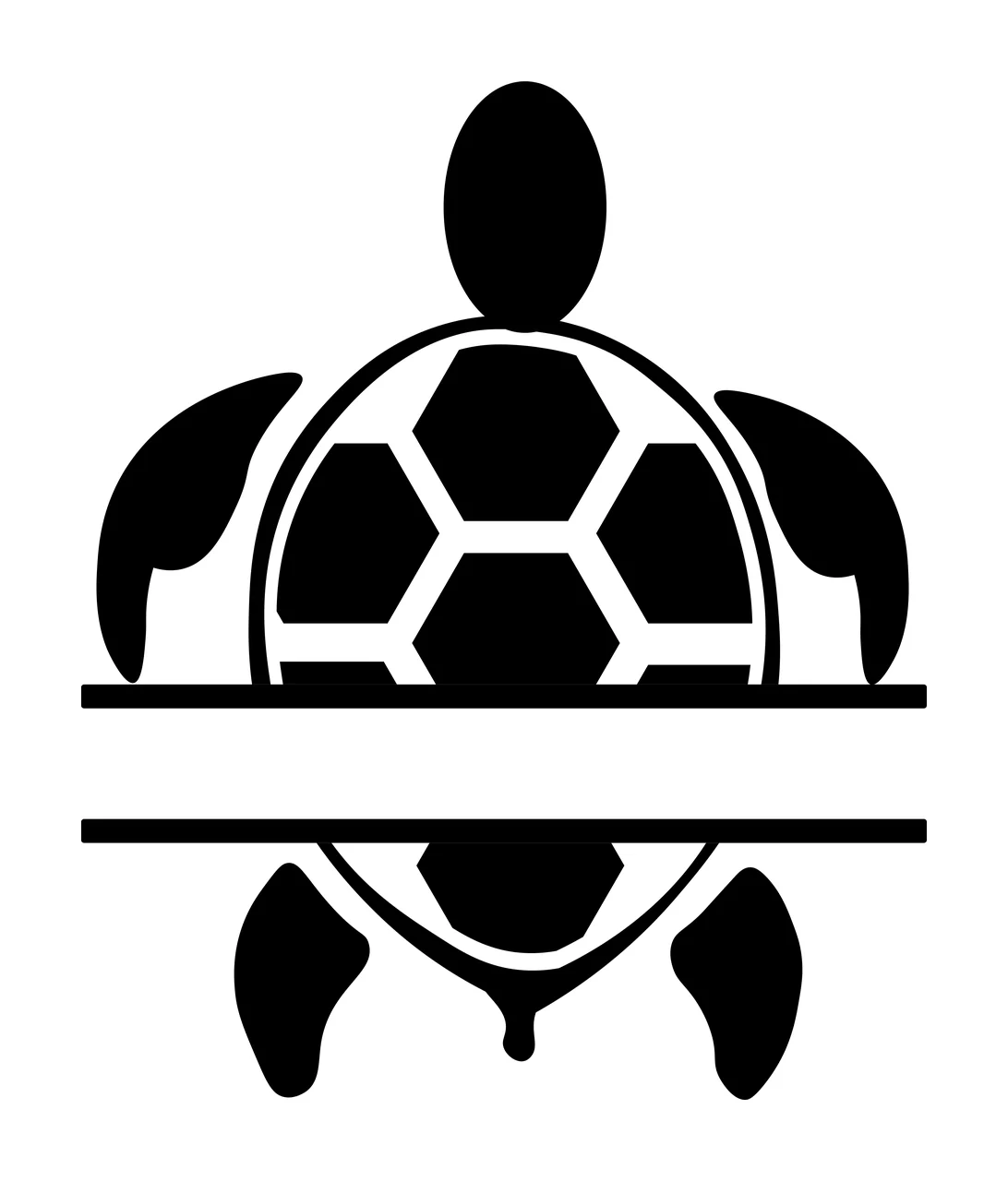 Silhouette Design of Sea turtle with hexagonal shell pattern, flippers, head and tail in black and white