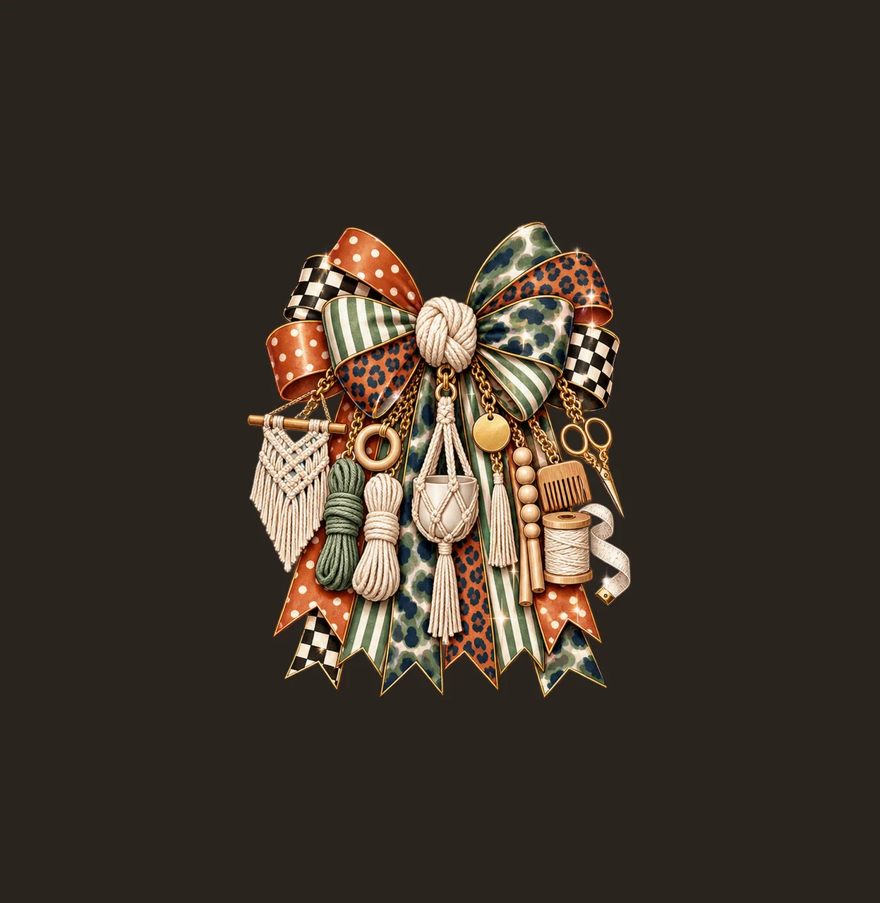 Macrame Artist Bow Charm PNG, Themed Gold Chain Charms, Coquette Ribbon Sublimation Design, Transparent Digital Download contrast preview thumbnail