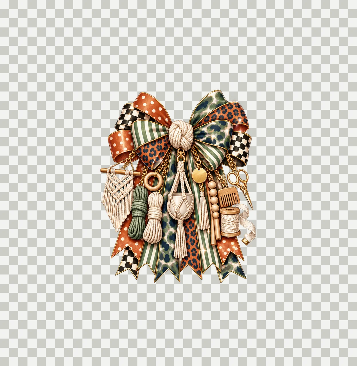 Macrame Artist Bow Charm PNG, Themed Gold Chain Charms, Coquette Ribbon Sublimation Design, Transparent Digital Download transparency and detail preview thumbnail