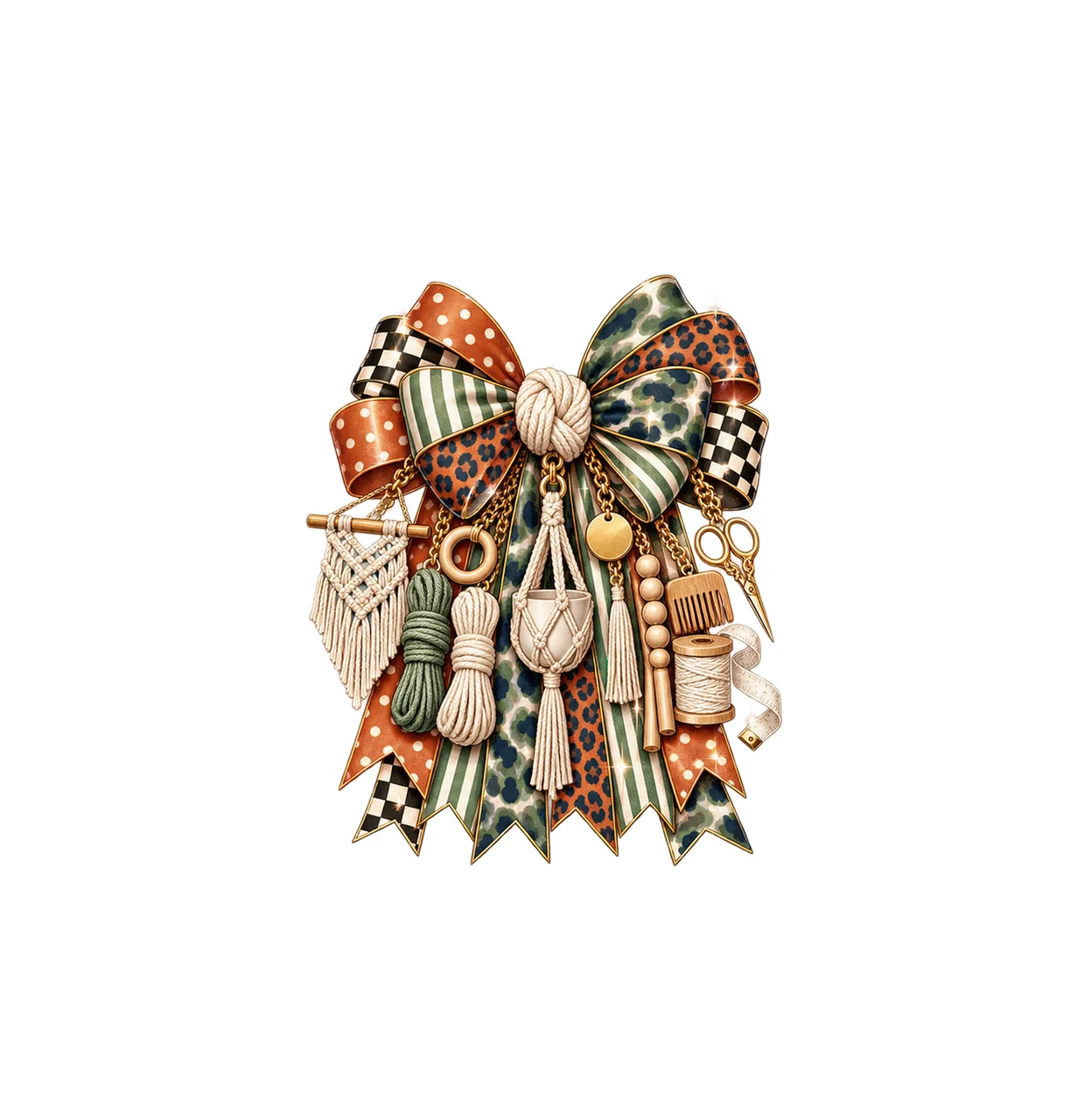 Macrame Artist Bow Charm PNG, Themed Gold Chain Charms, Coquette Ribbon Sublimation Design, Transparent Digital Download