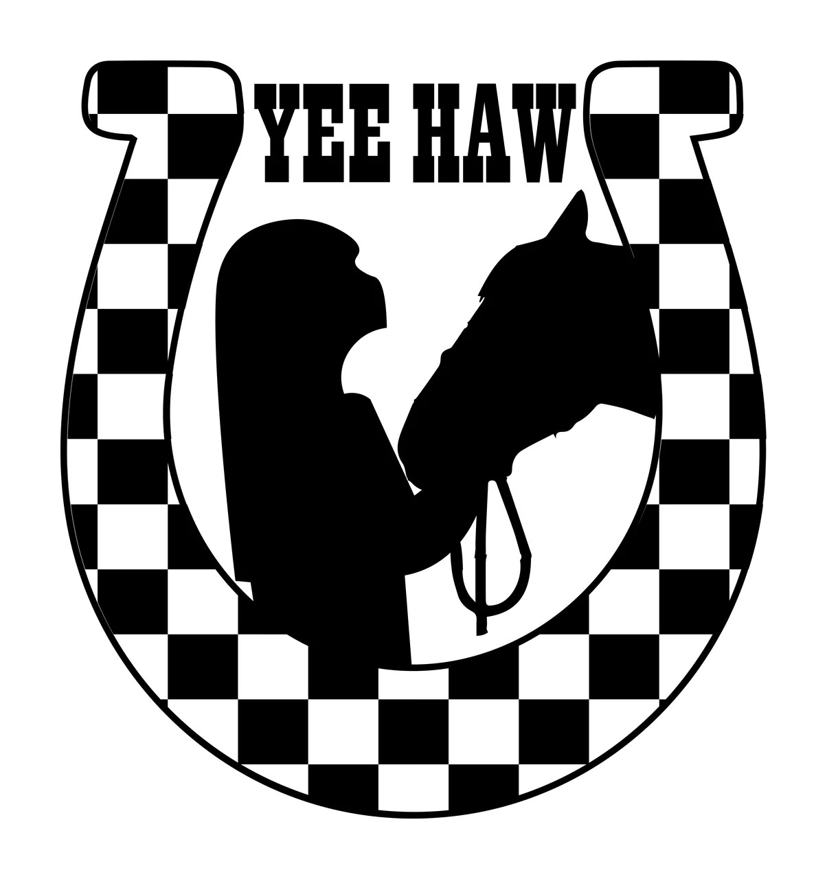 Horse Yee Haw Horseshoe Head Graphic facing silhouette black