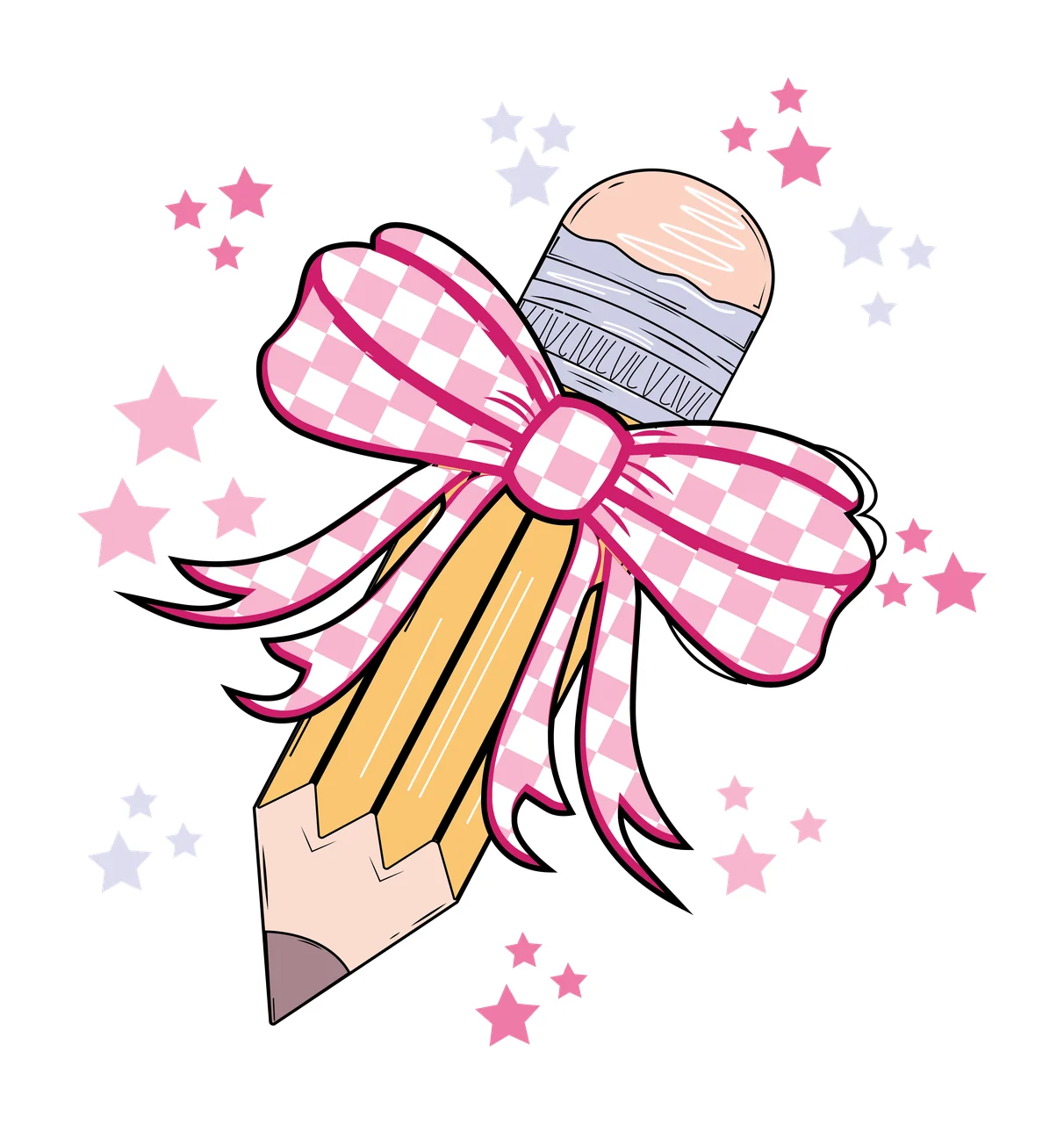 Pencil Silhouette With Bow And Stars black white stationery