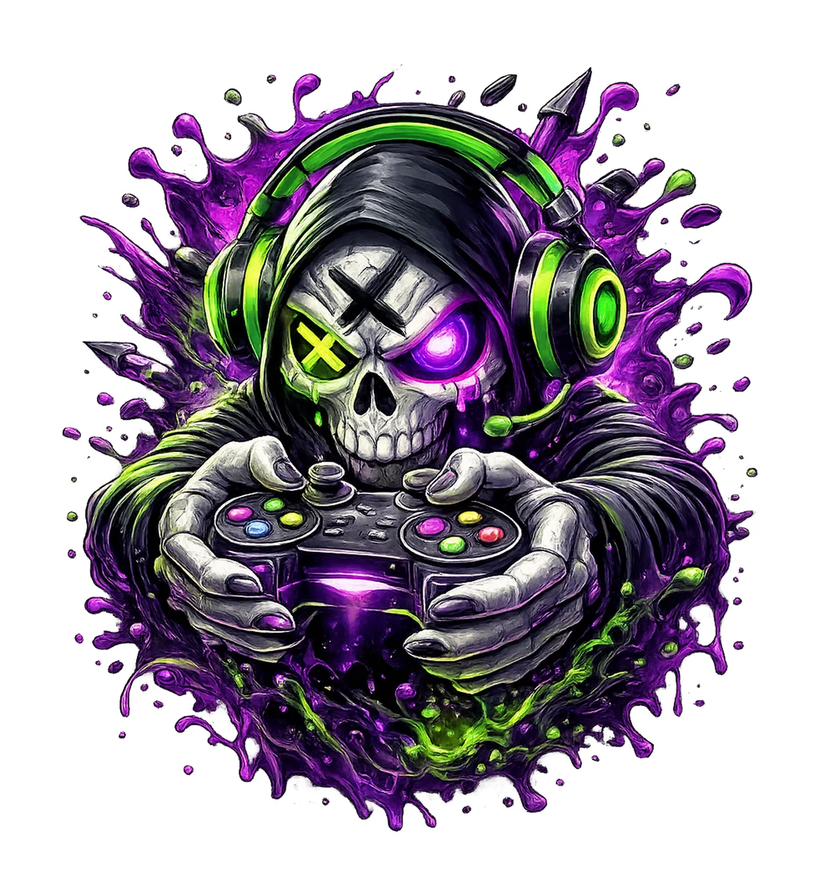 Rage Mode Skull Gamer Neon Purple Green Artwork Sublimation