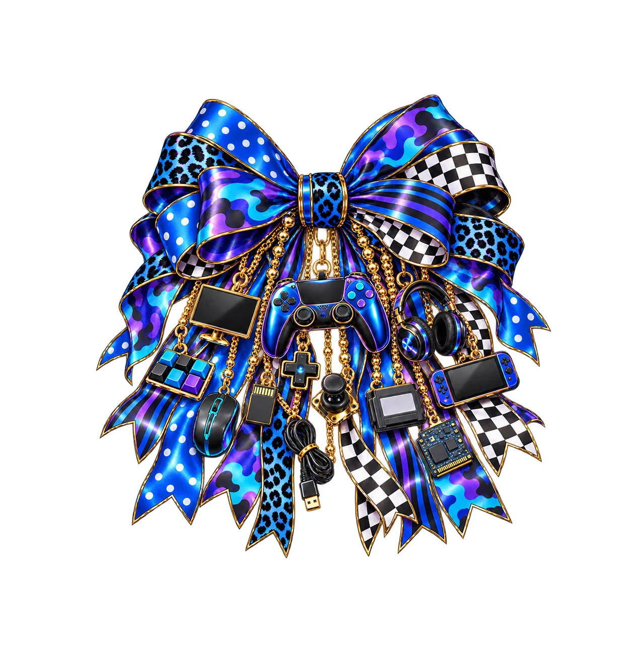 Gamer Modern Gamepad Bow Charm PNG, Gold Chain Charms, Transparent Sublimation Design, Digital Download