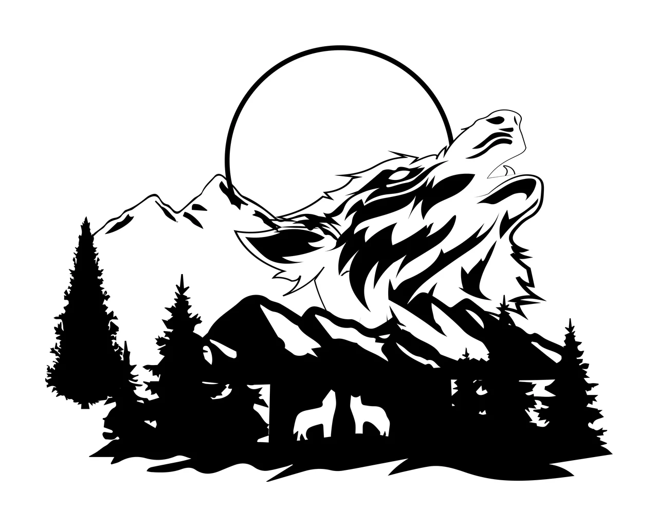 Silhouette Design of howling wolf head with mountains, circular moon, pine trees and wolf silhouettes in black and white