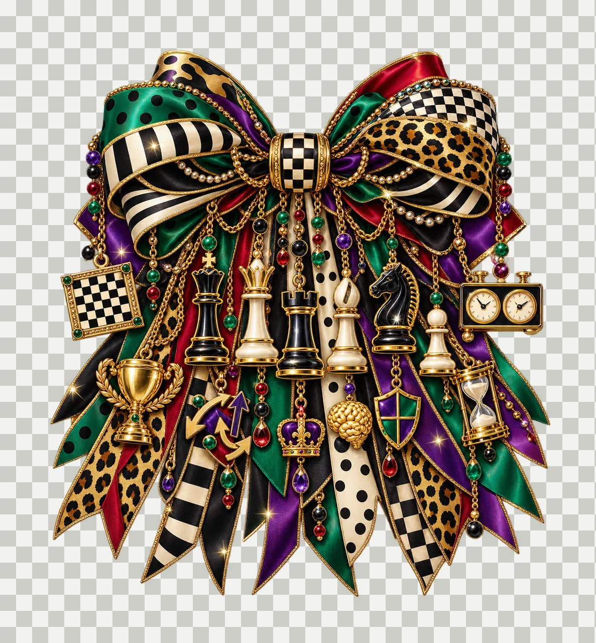Chess Lover Bow Charm PNG, King Queen Knight Board and Chess Clock Charms, Strategy Game Sublimation Design, Transparent Download transparency and detail preview thumbnail