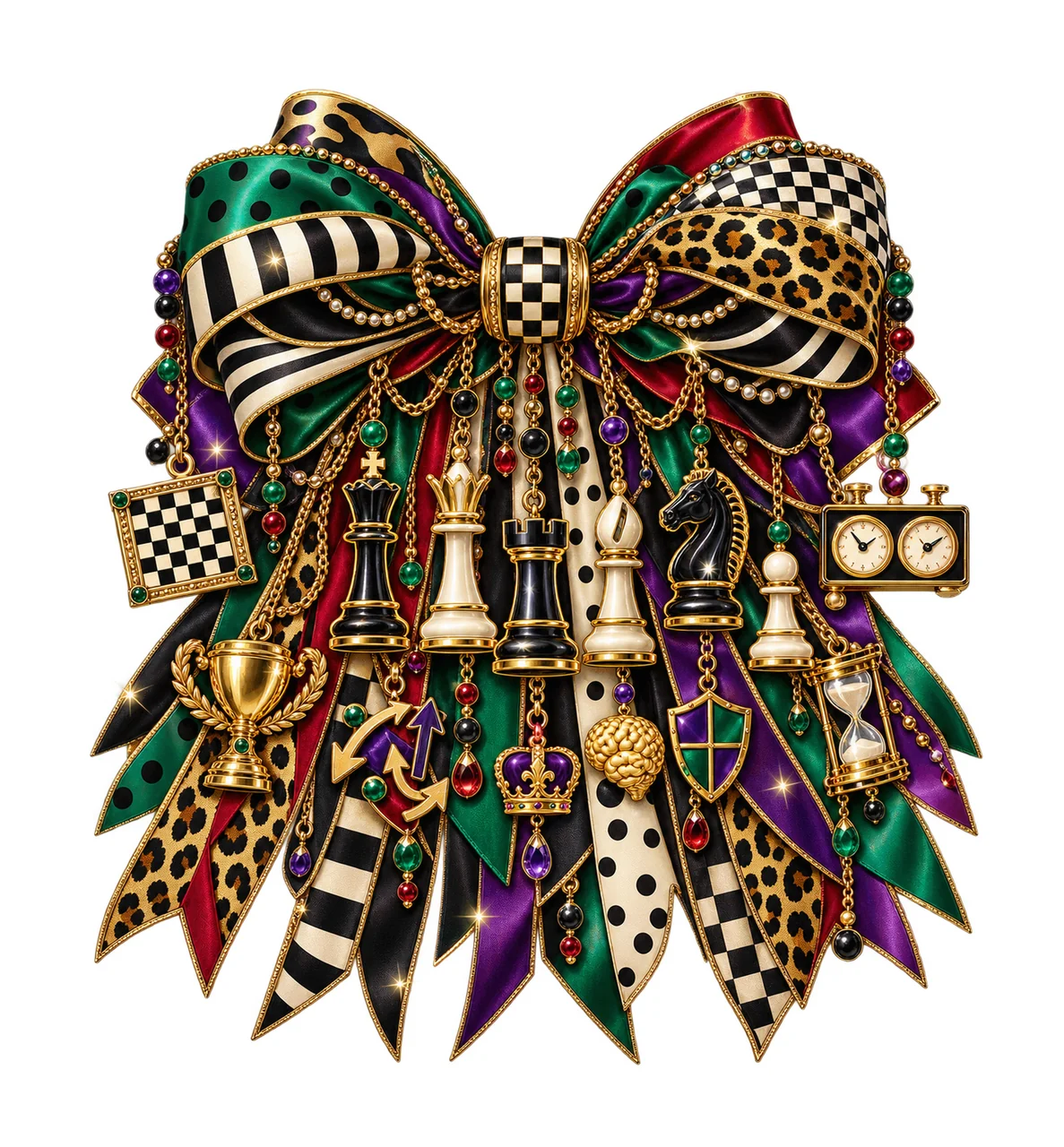 Chess Lover Bow Charm PNG, King Queen Knight Board and Chess Clock Charms, Strategy Game Sublimation Design, Transparent Download