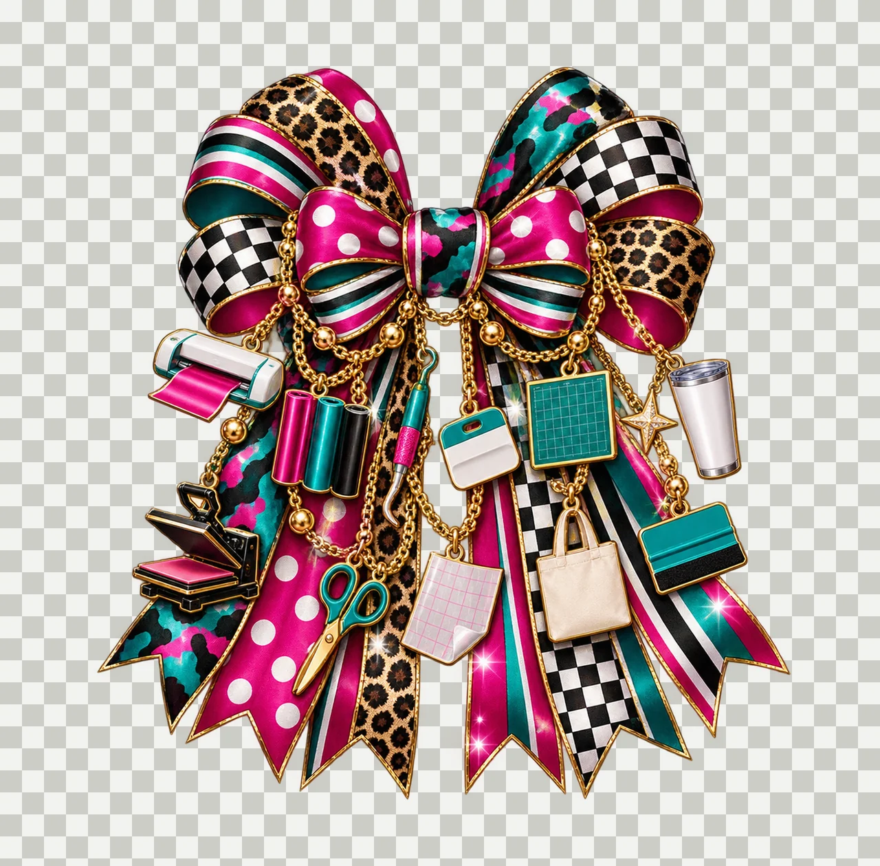 Vinyl Crafting Maker Bow Charm PNG, Themed Gold Chain Charms, Coquette Ribbon Sublimation Design, Transparent Digital Download transparency and detail preview thumbnail
