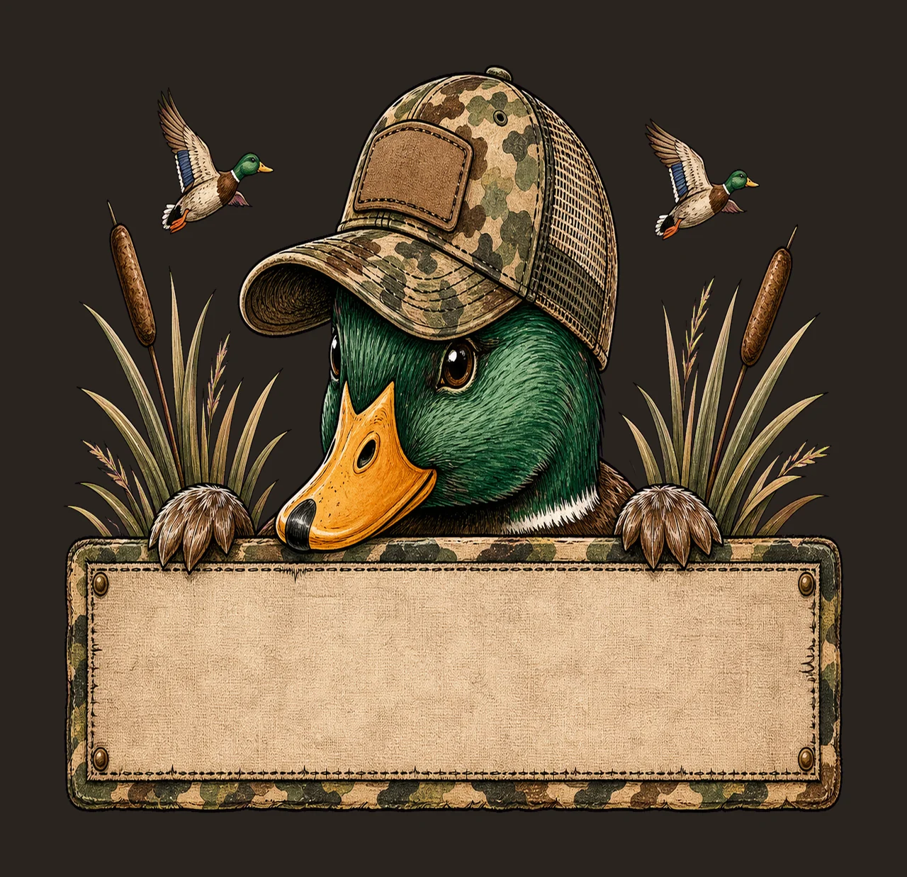 Mallard Duck wearing camo hat with name patch Variation A contrast preview thumbnail