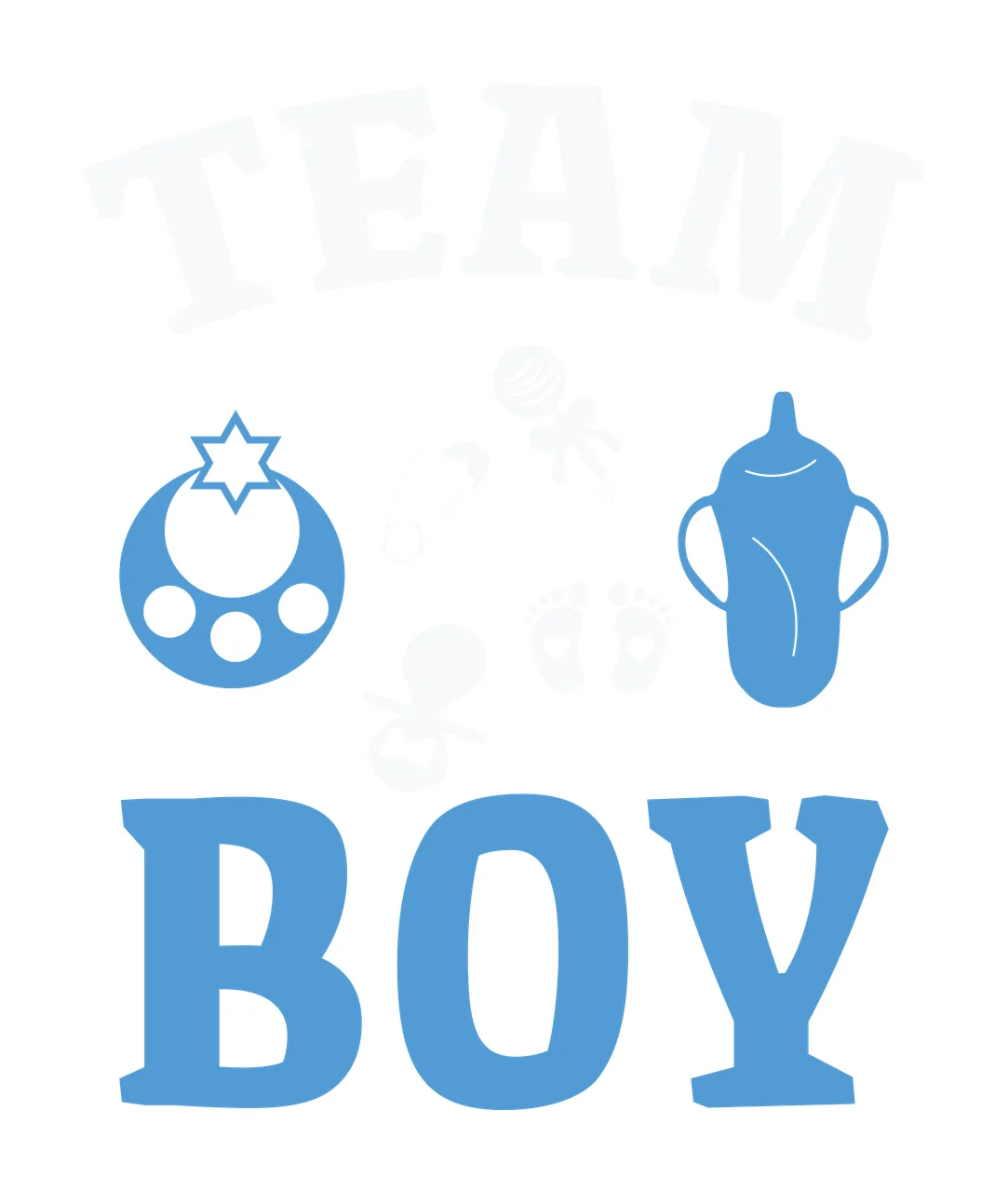TEAM BOY Typography Design with baby bottle, teether rattle, pacifier icon and baby footprint icons in light blue and white