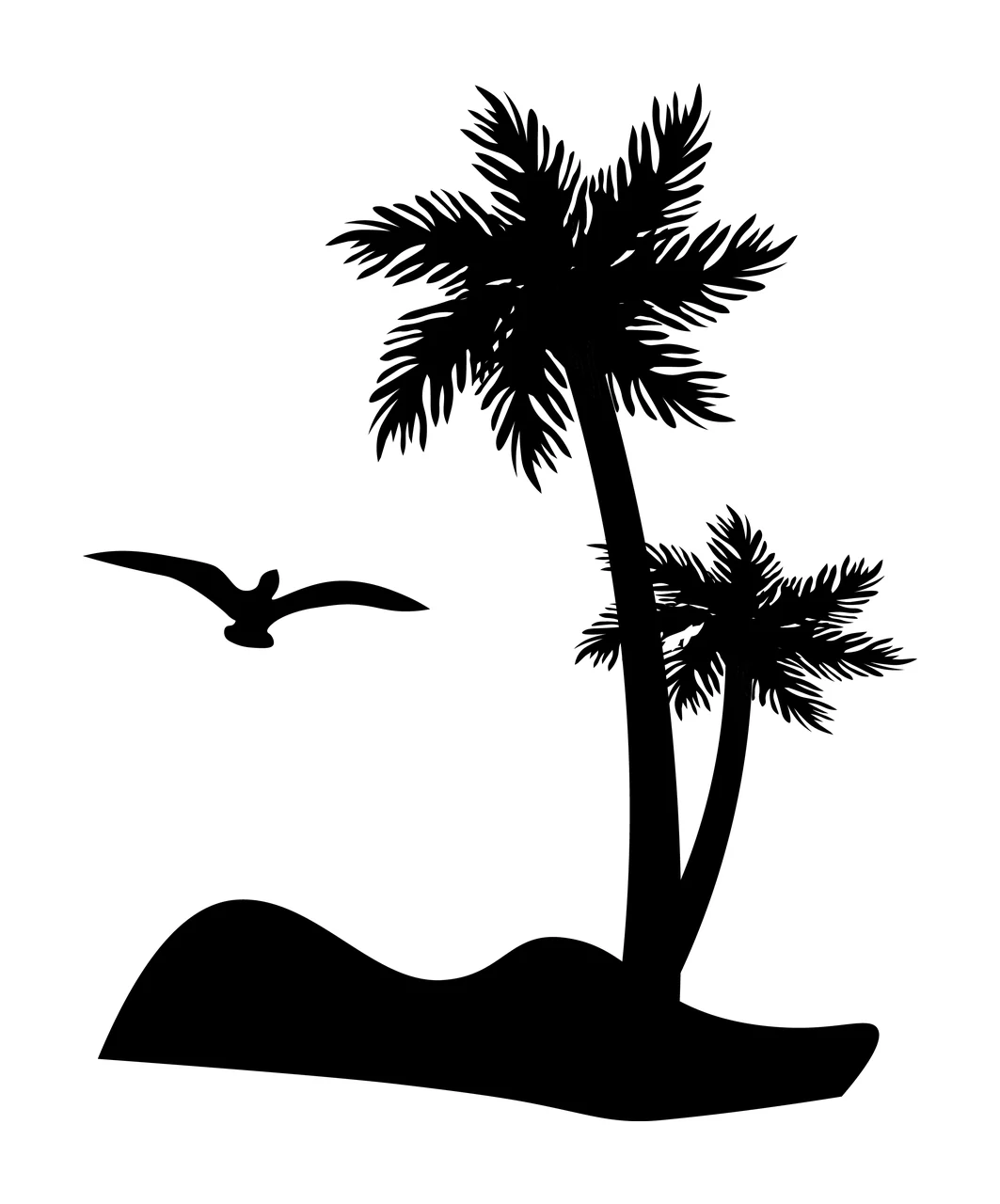Palm Tree Trees On Island With Bird sky silhouette black white