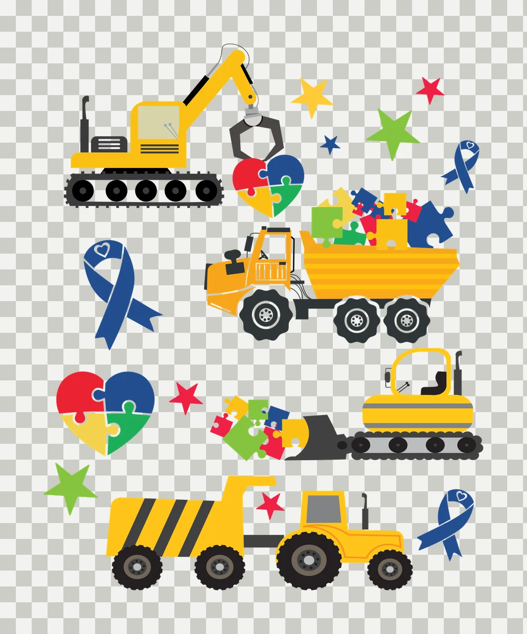Construction Machinery And Puzzle Hearts stars ribbons silhouette transparency and detail preview thumbnail