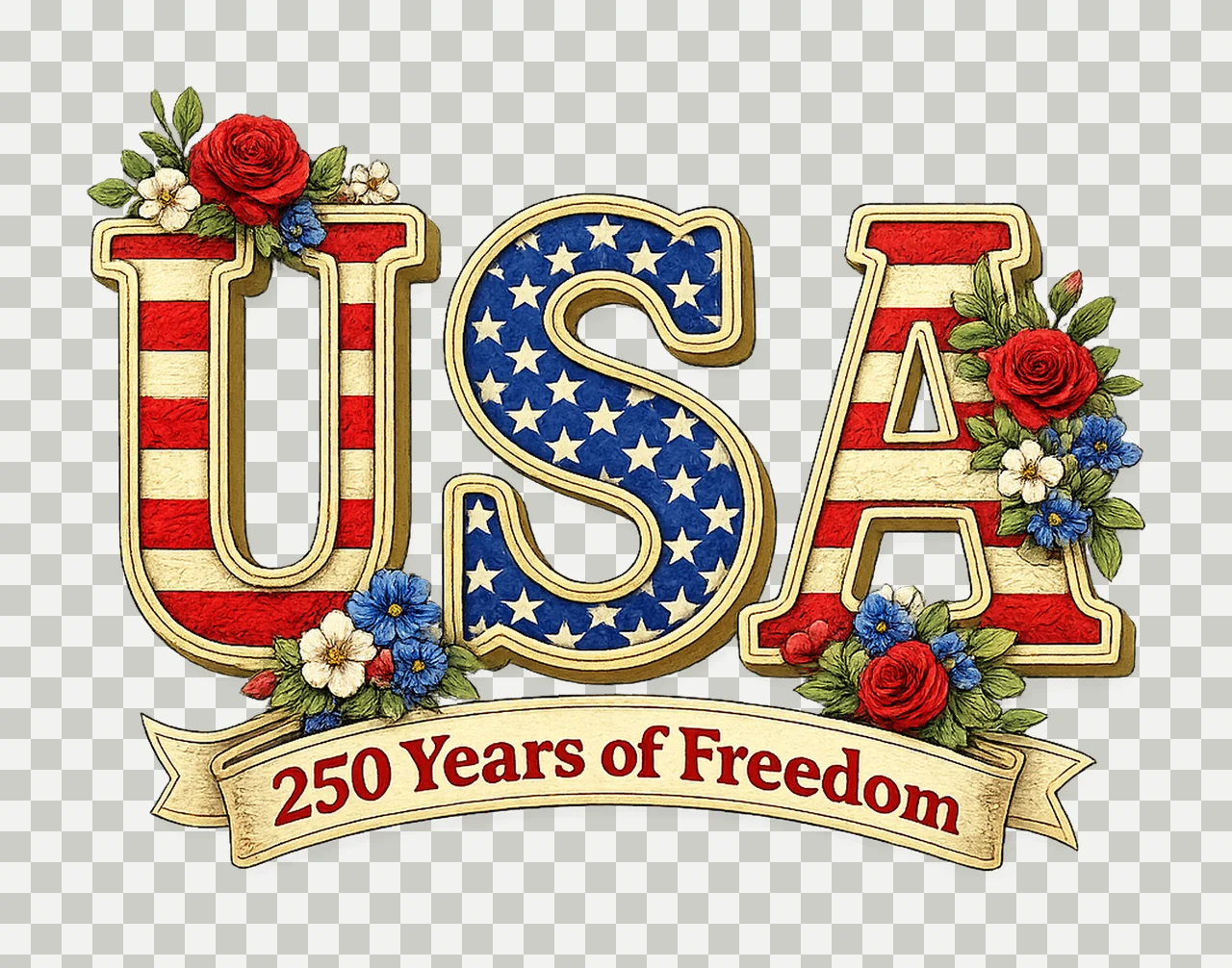 250th Anniversary America Faux Yarn Patriotic Floral transparency and detail preview thumbnail