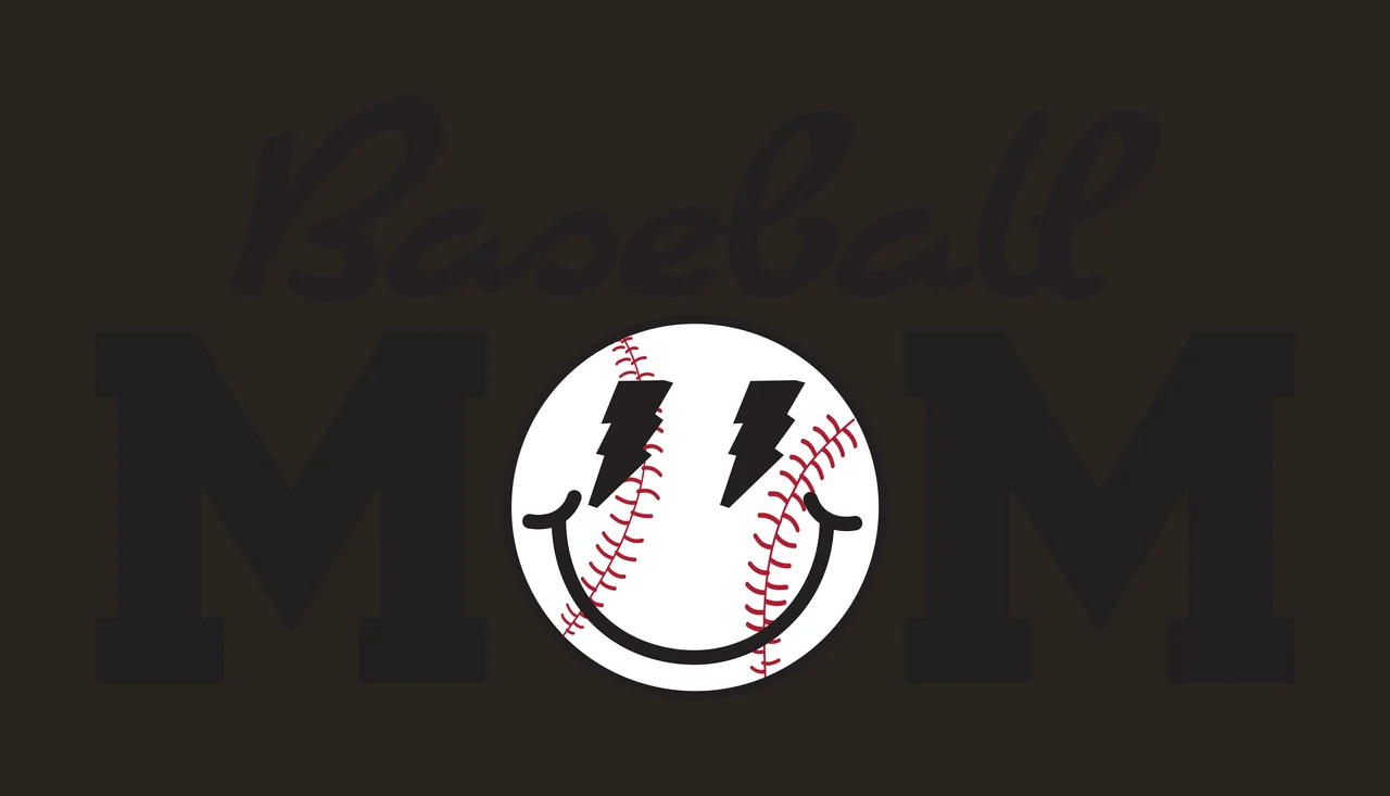 Baseball MOM Baseball MOM logo design with Baseball text in cursive, MOM in bold block letters, Smiley face inside a baseball circle and Red stitching on baseball in black and white contrast preview thumbnail