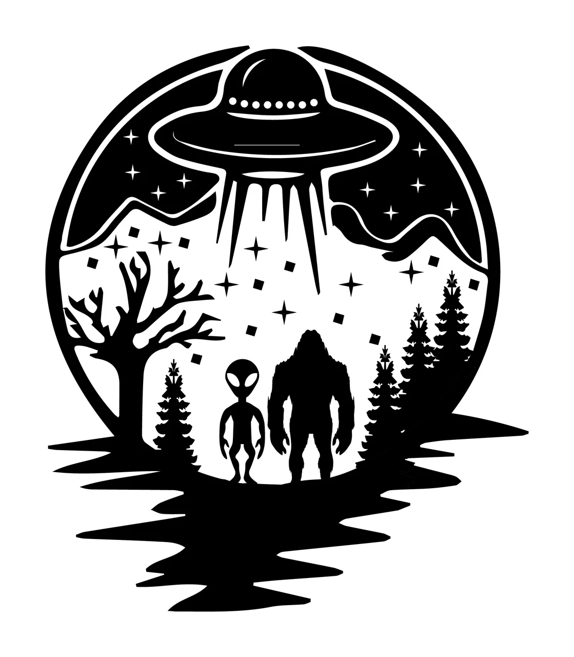 Alien And Monster Under Ufo Silhouette hovering trees stars