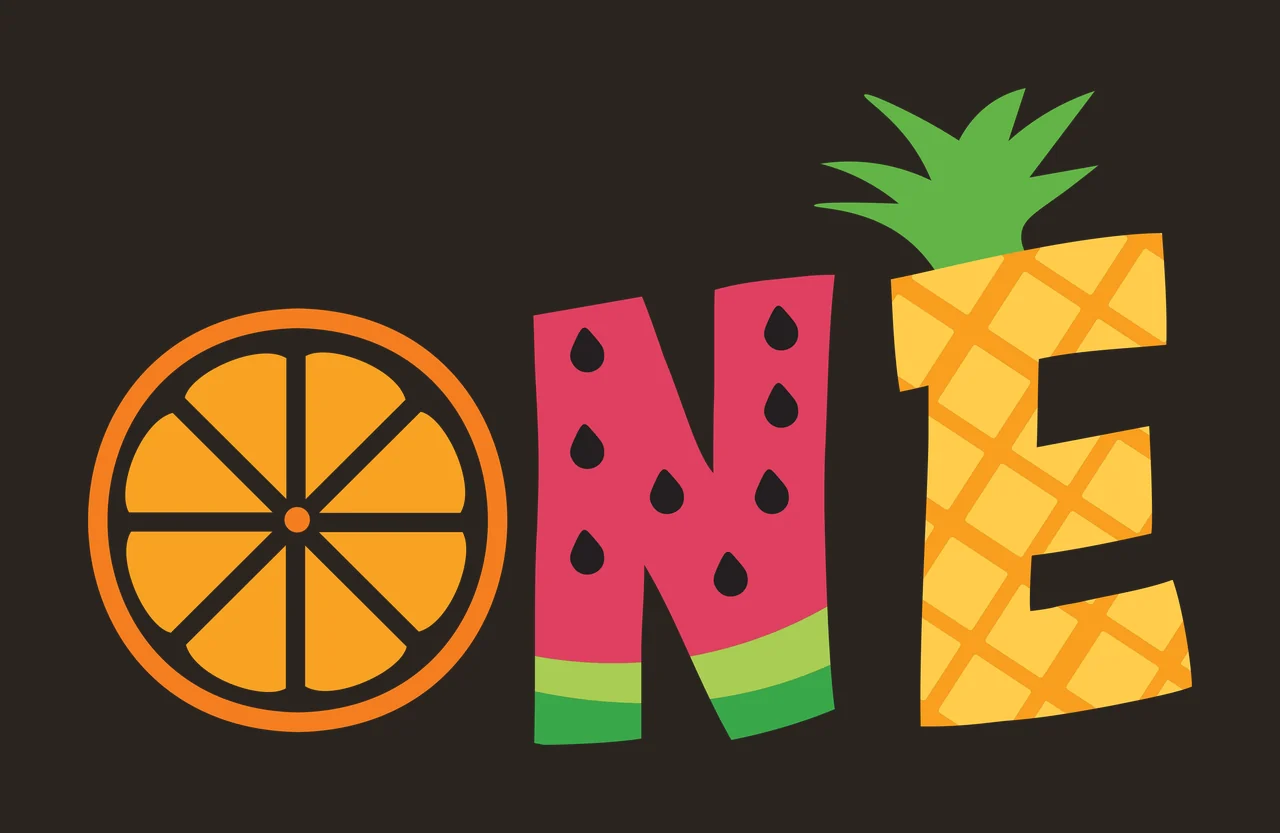 ONE Typography Design with orange slice, watermelon slice, pineapple and green leaves in pink and yellow contrast preview thumbnail