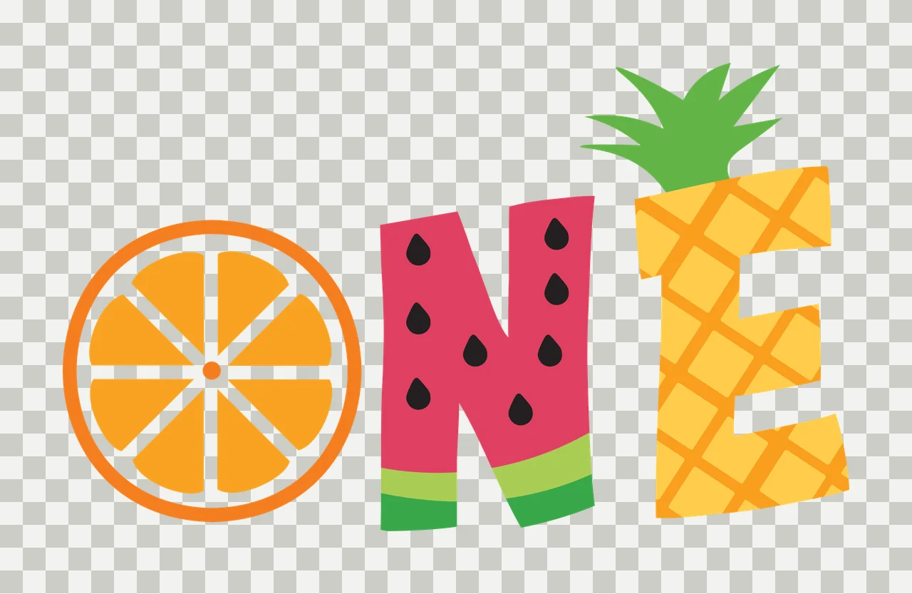 ONE Typography Design with orange slice, watermelon slice, pineapple and green leaves in pink and yellow transparency and detail preview thumbnail