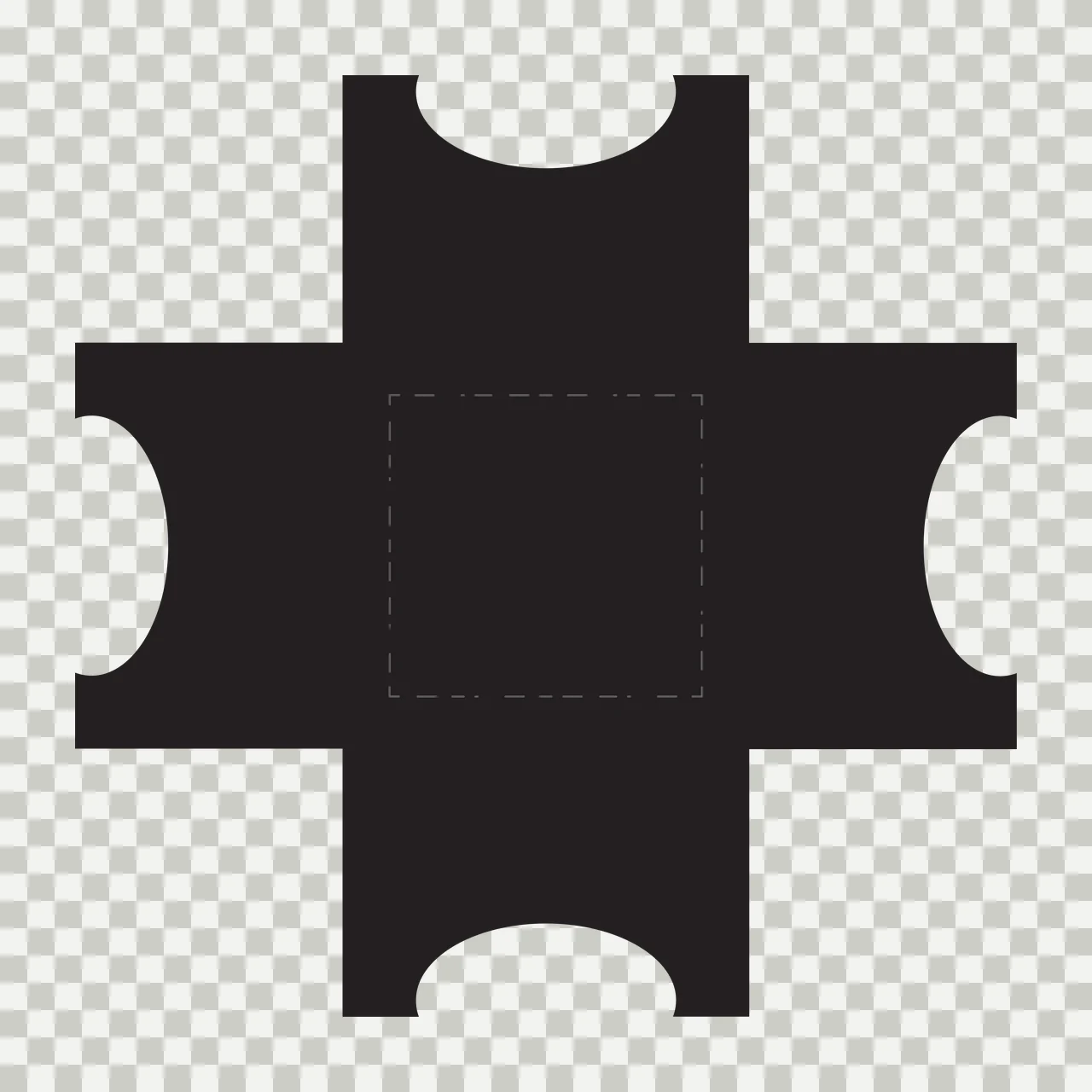 Die-cut box template Illustration with black cross-shaped die-cut, dashed square in center and four oval cutouts in white transparency and detail preview thumbnail