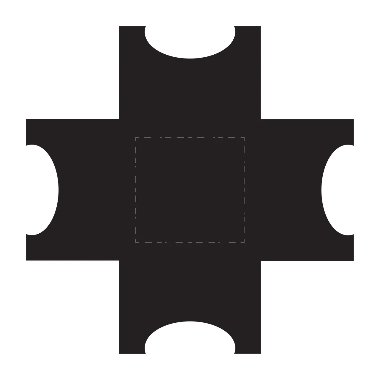 Die-cut box template Illustration with black cross-shaped die-cut, dashed square in center and four oval cutouts in white