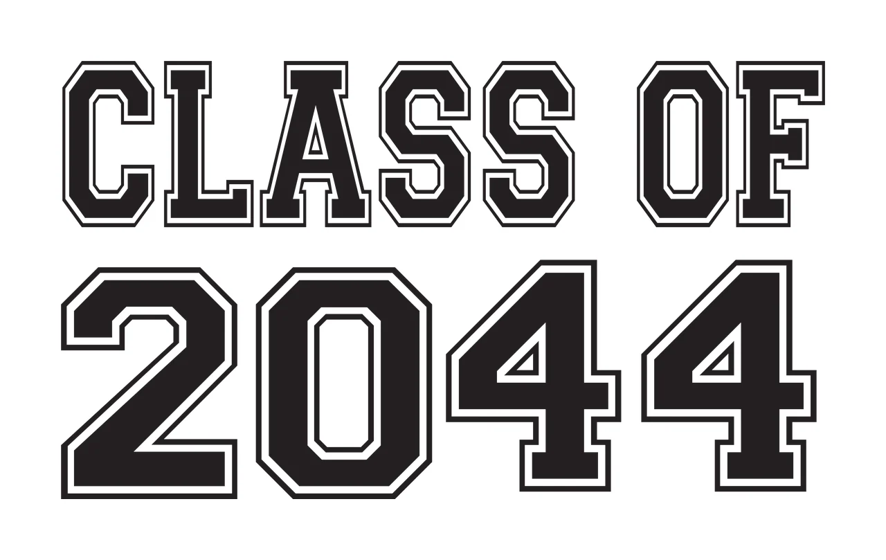 CLASS OF 2044 Typography Design with black block letters with white outlines