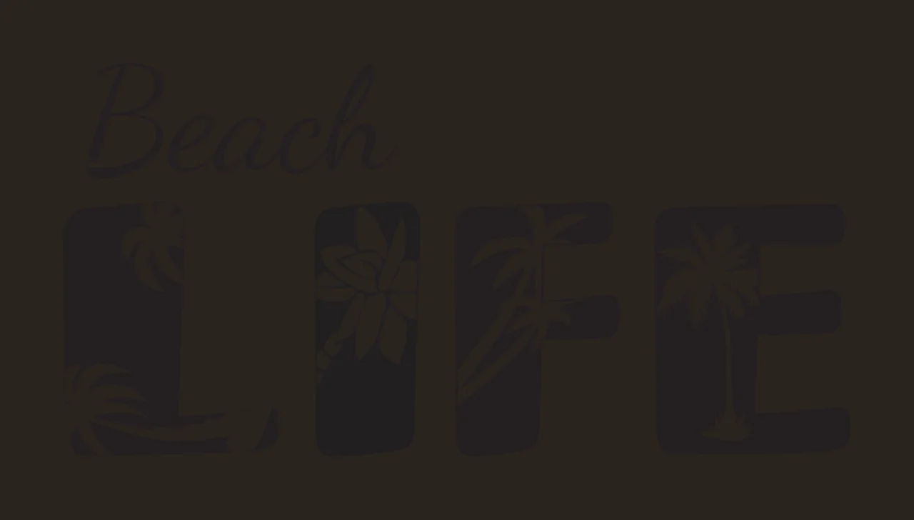 Beach LIFE Tropical-themed typography design with Beach text in cursive script, LIFE letters with cutout palm trees and flowers and Black background with white silhouettes contrast preview thumbnail