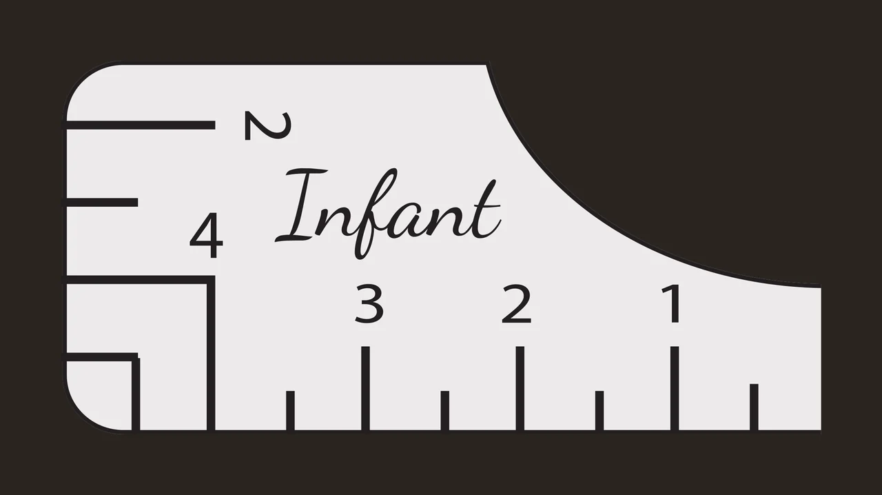 2 4 Infant 3 2 1 infant measuring gauge fragment Design with ruler marks, cursive text, measurement numbers and curved outline in black, light gray and white contrast preview thumbnail