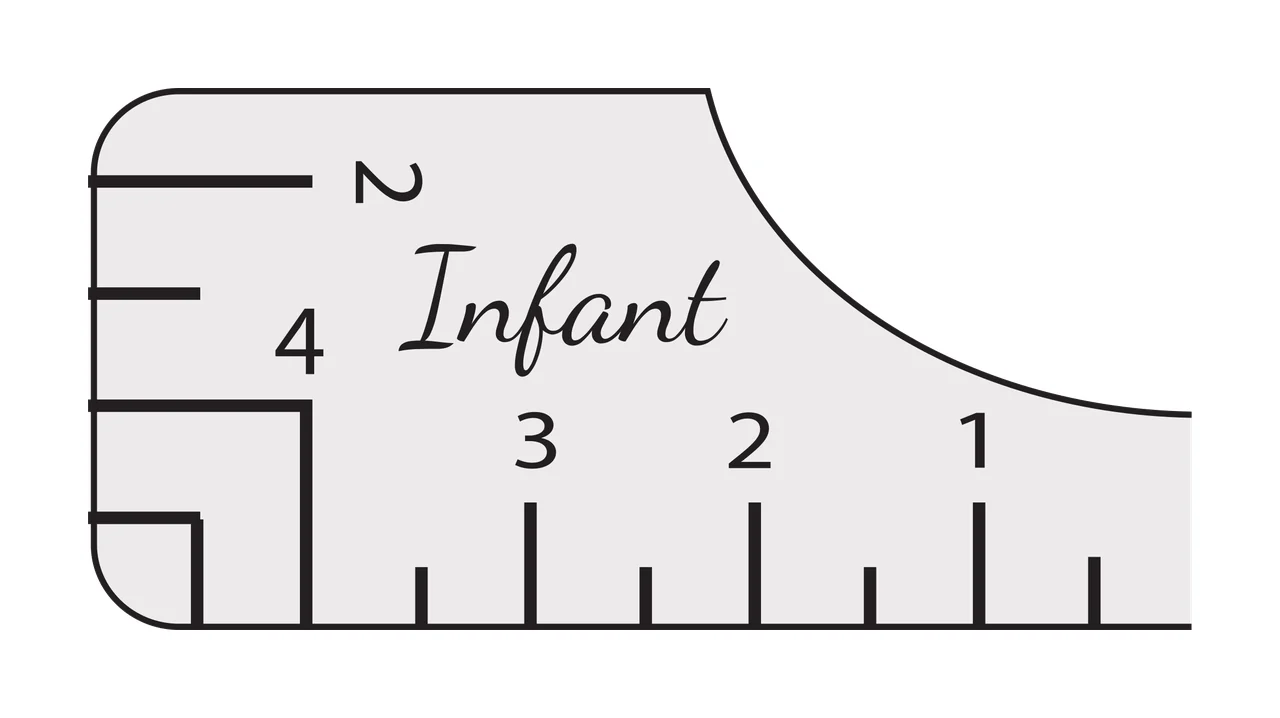 2 4 Infant 3 2 1 infant measuring gauge fragment Design with ruler marks, cursive text, measurement numbers and curved outline in black, light gray and white