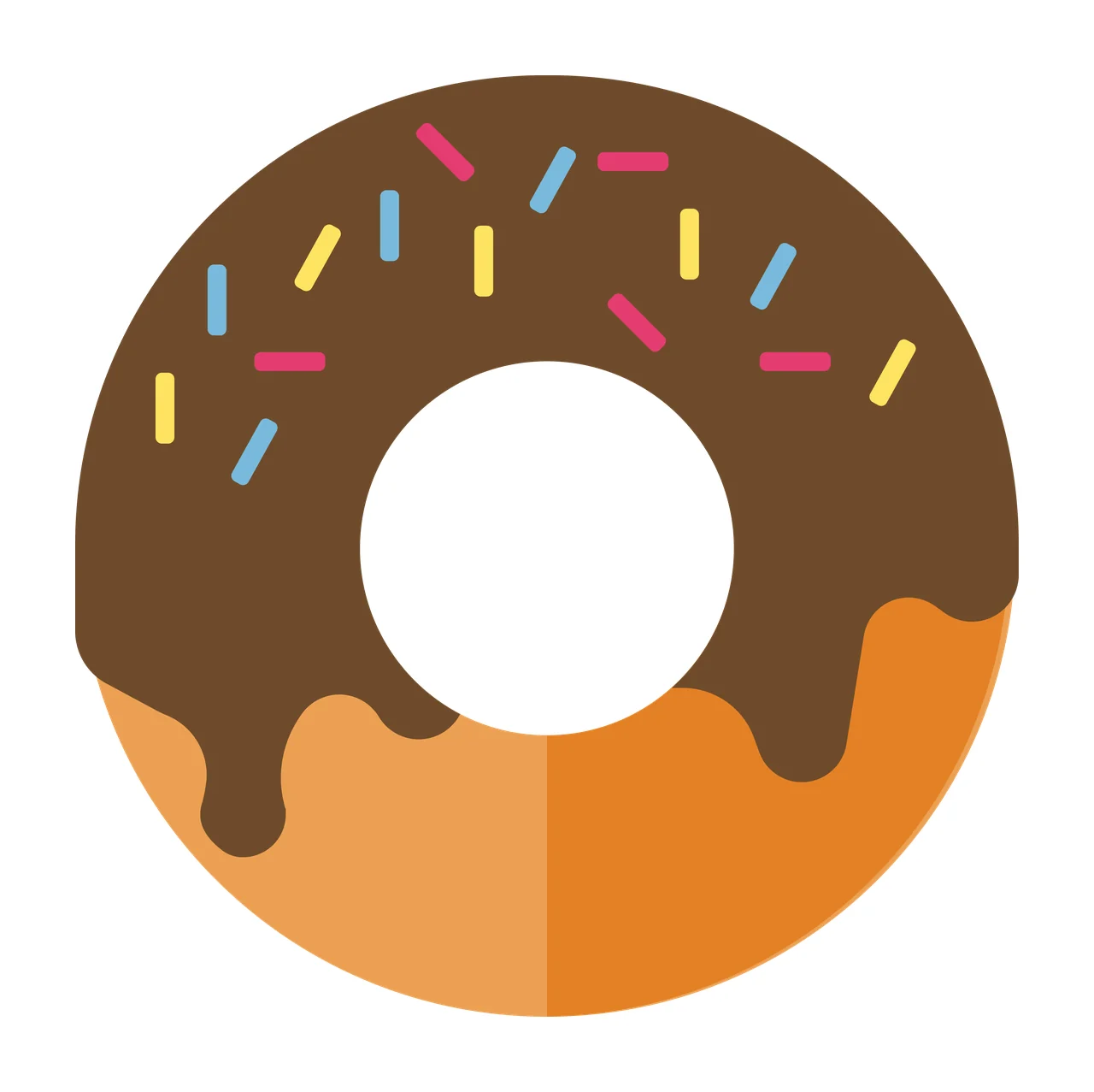 Chocolate glazed donut Illustration with chocolate glaze, colorful sprinkles, doughnut base and dripping icing in brown, orange and yellow