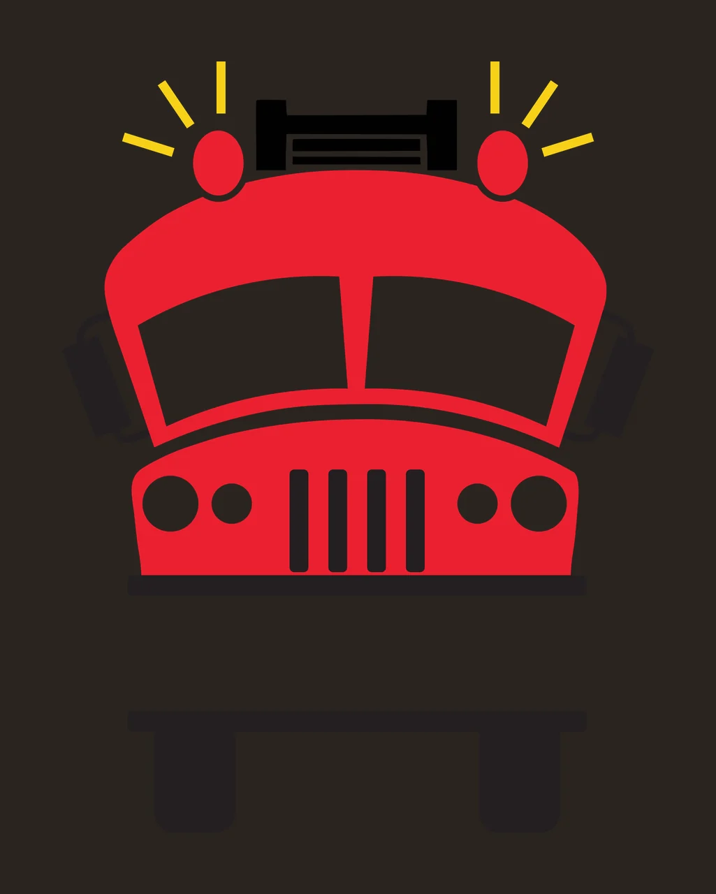 Fire truck Illustration with red vehicle body, flashing red lights, yellow light rays and windshield in black and white contrast preview thumbnail