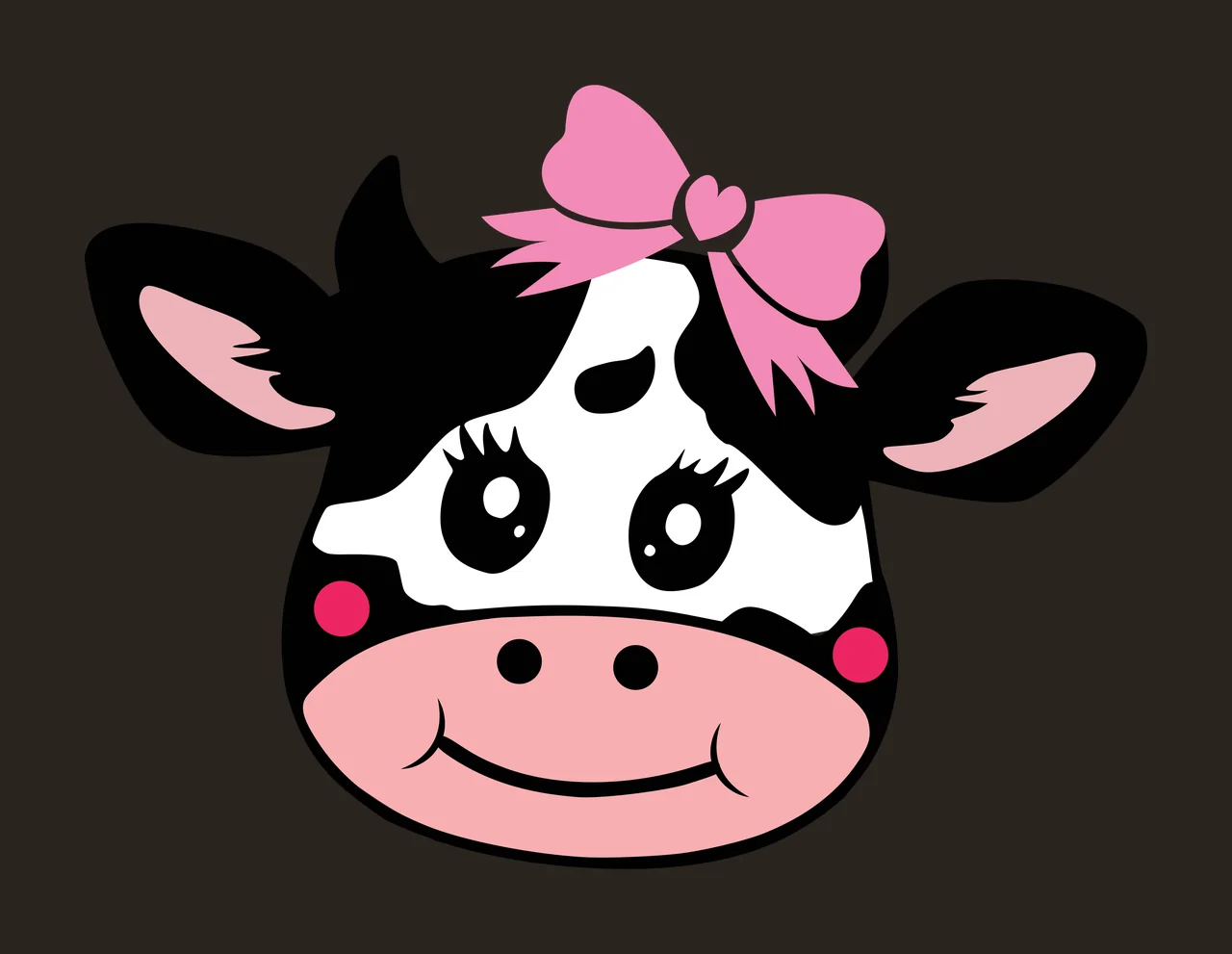 Cartoon Illustration of cow head with pink bow, cow ears, cow horns and pink snout in black and white contrast preview thumbnail