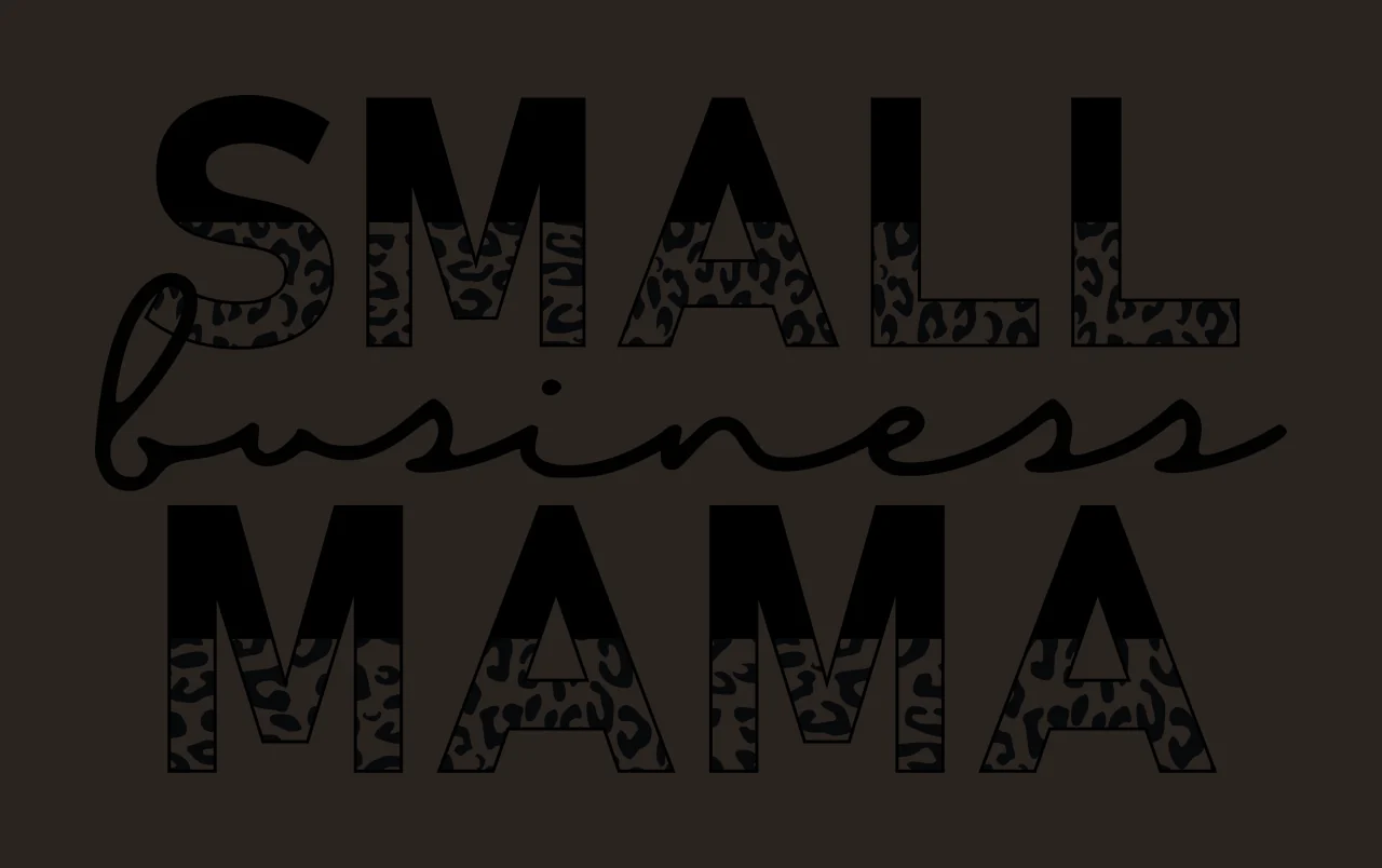 SMALL business MAMA Typography Design with black uppercase letters 'SMALL' and 'MAMA', cursive lowercase 'business', leopard print pattern filling the lower halves of 'S' 'M' 'A' 'L' 'L' 'M' 'A' 'M' contrast preview thumbnail