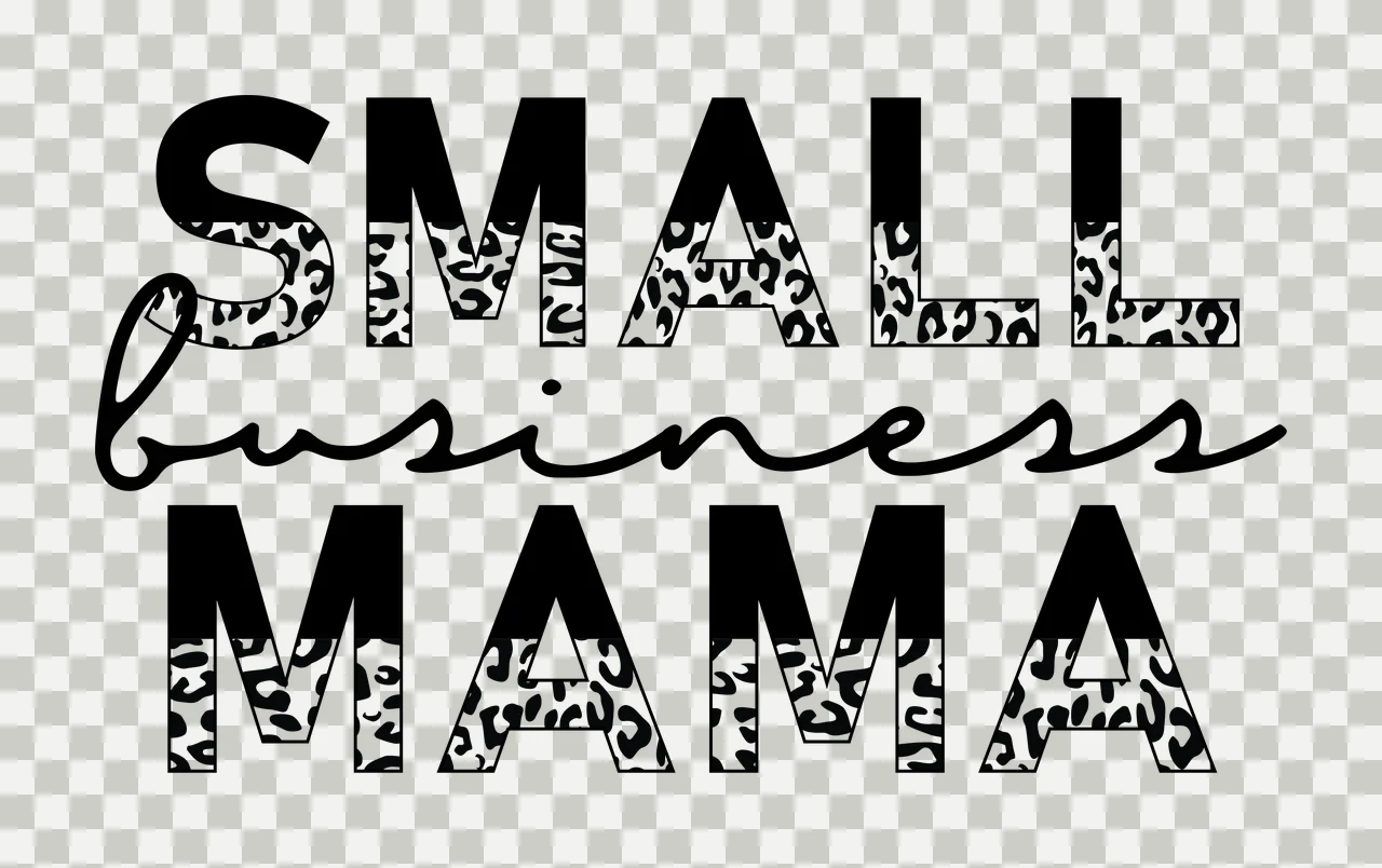 SMALL business MAMA Typography Design with black uppercase letters 'SMALL' and 'MAMA', cursive lowercase 'business', leopard print pattern filling the lower halves of 'S' 'M' 'A' 'L' 'L' 'M' 'A' 'M' transparency and detail preview thumbnail