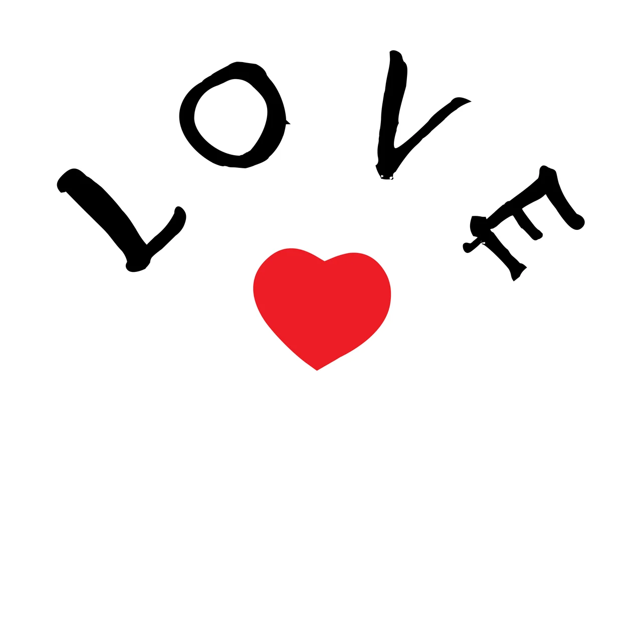 LOVE Typography Design with black hand-drawn letters L O V E and red heart in white