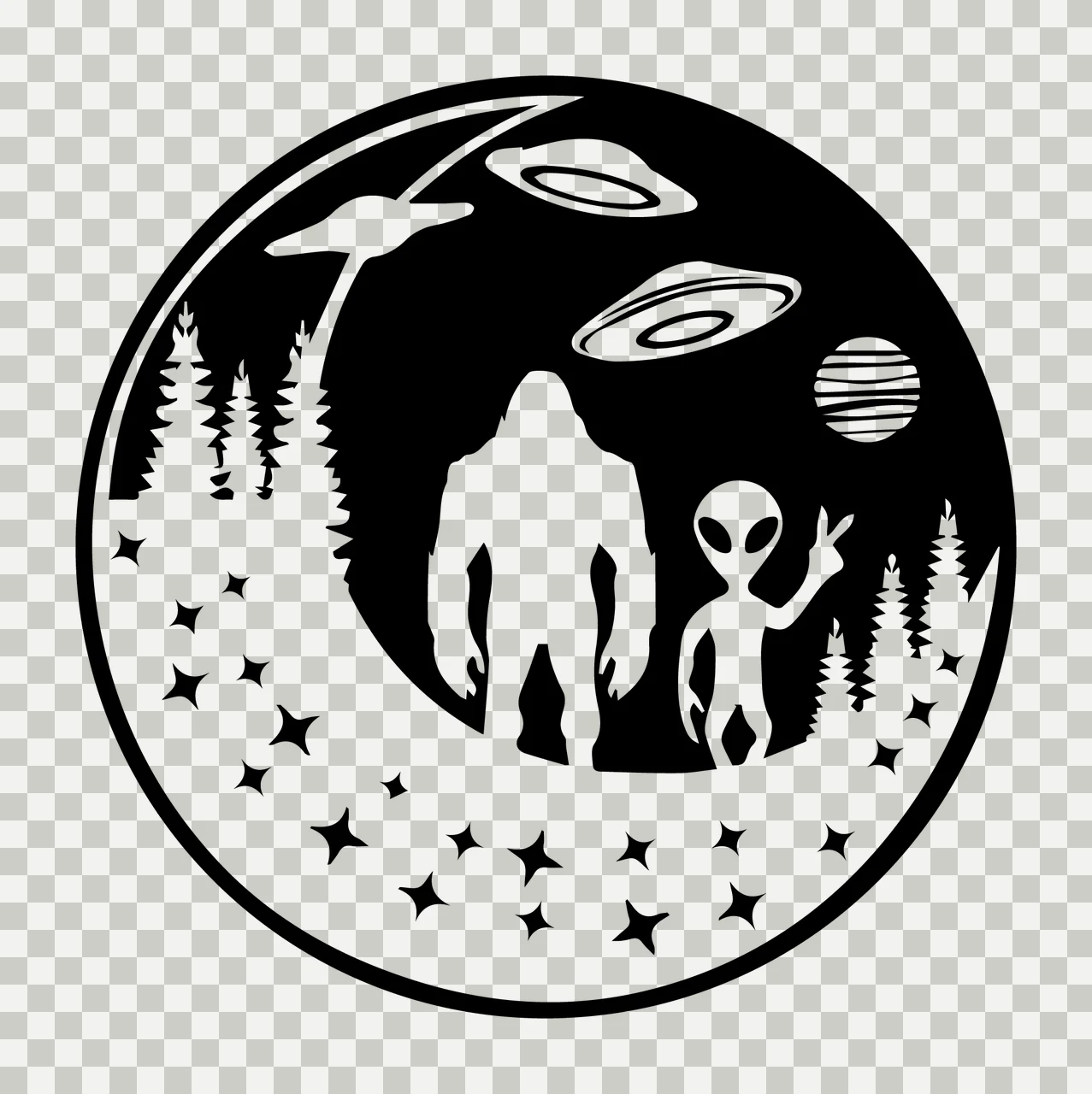 Alien And Bigfoot Circular Graphic Mythical creatures Stand transparency and detail preview thumbnail