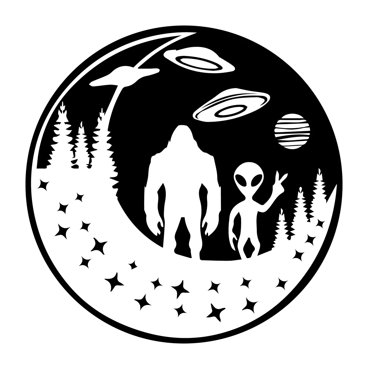 Alien And Bigfoot Circular Graphic Mythical creatures Stand