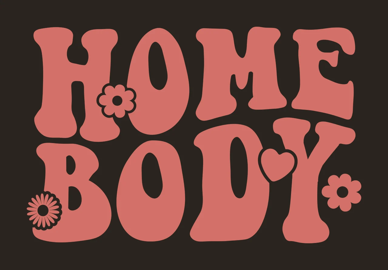 HOME BODY Typography Design with HOME BODY text, white flower on 'H', white heart on 'D' and white daisy with white center on 'B' in pink contrast preview thumbnail
