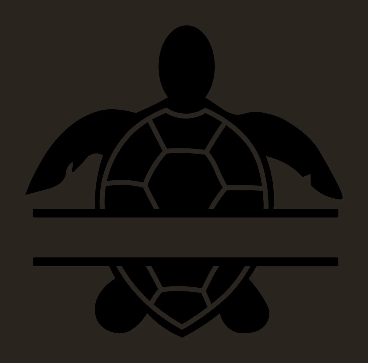 Silhouette Design of sea turtle with white geometric shell pattern, horizontal split frame, flippers and head in black contrast preview thumbnail