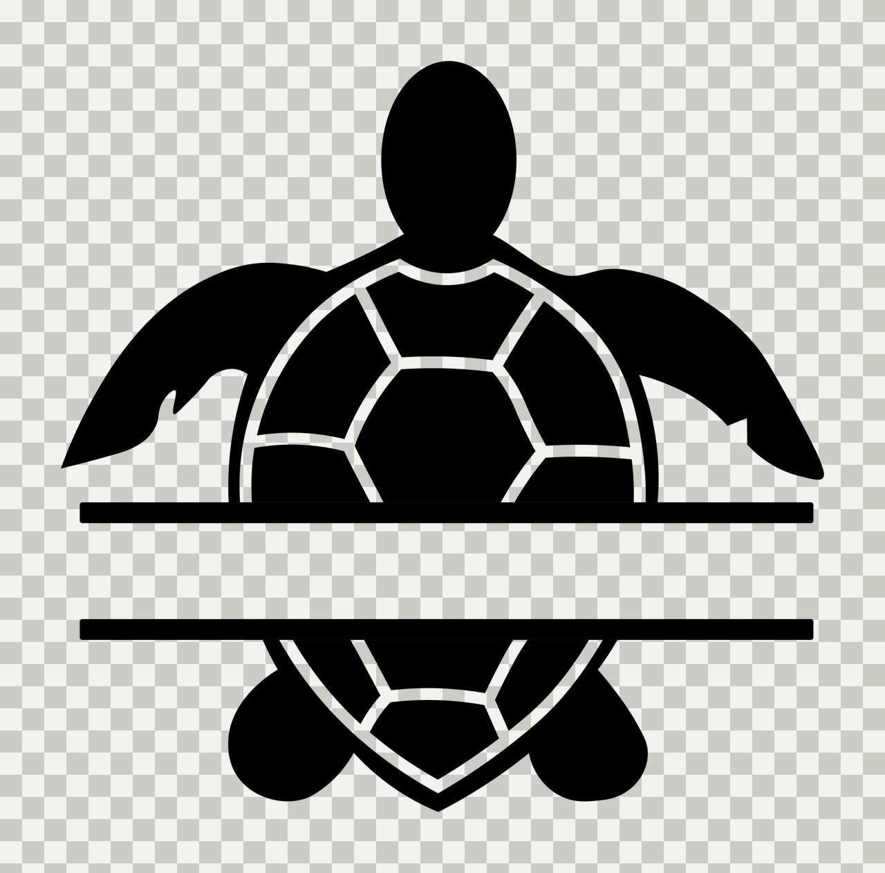 Silhouette Design of sea turtle with white geometric shell pattern, horizontal split frame, flippers and head in black transparency and detail preview thumbnail